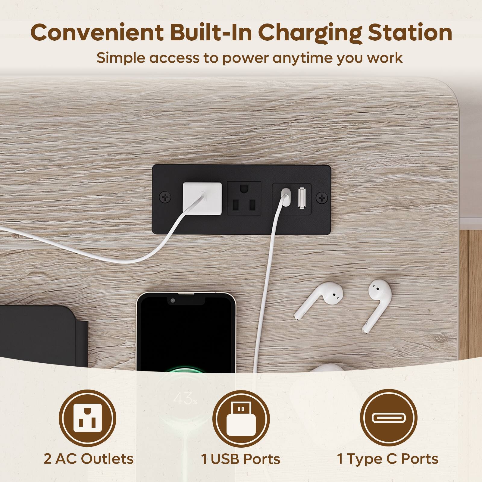 Convenient Built-In Charging Station  
Simple access to power anytime you work  

80  
43%  

2 AC Outlets  
1 USB Ports  
1 Type C Ports