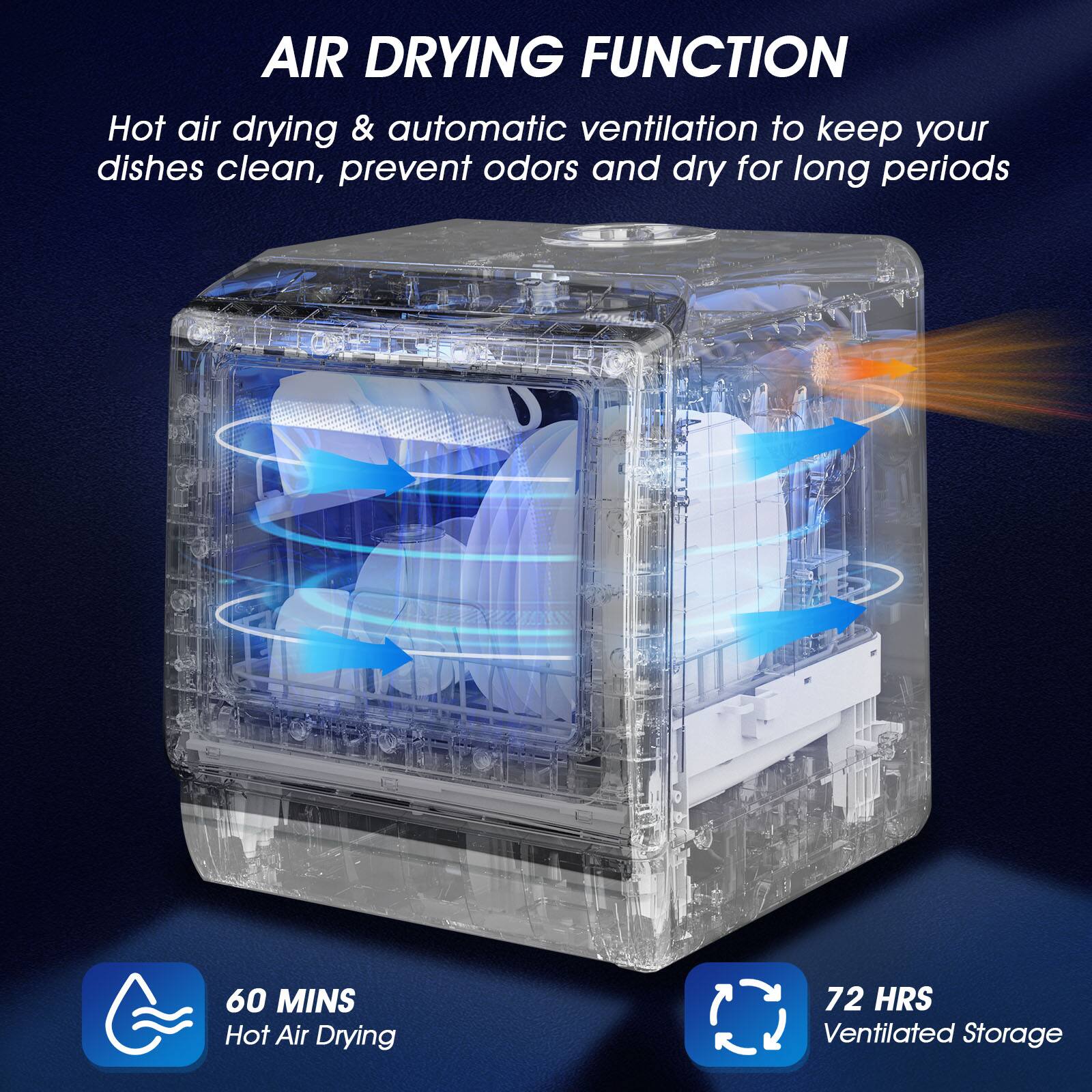 AIR DRYING FUNCTION
Hot air drying & automatic ventilation to keep your dishes clean, prevent odors and dry for long periods
60 MINS Hot Air Drying
72 HRS Ventilated Storage