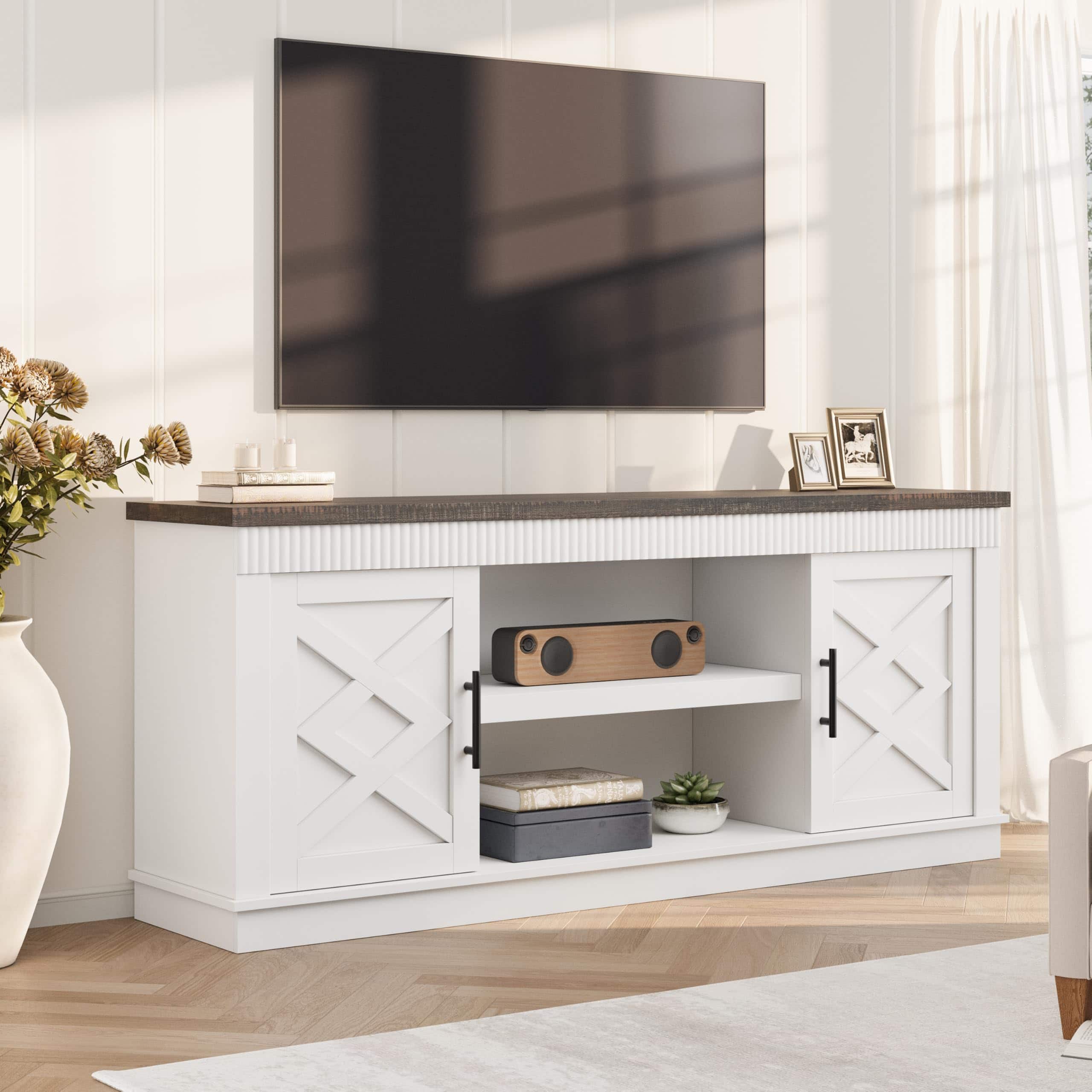 GARVEE - Farmhouse TV Stand for 70/75 in TVs, 65 in Long Entertainment Center w/ 2 Door &Open Storage Shelf - White