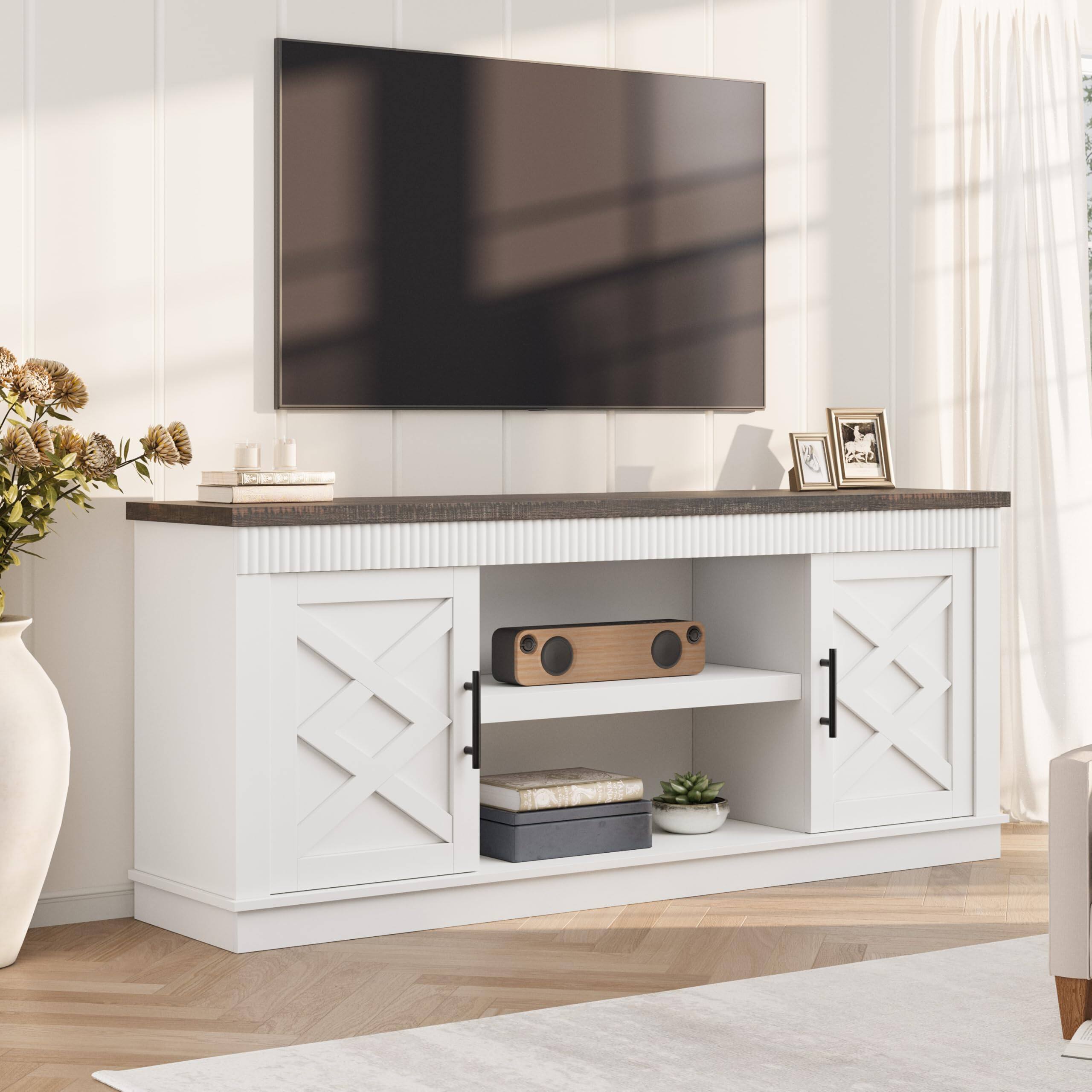 GARVEE - Farmhouse TV Stand for 70/75 in TVs, 65 in Long Entertainment Center w/ 2 Door &Open Storage Shelf - White
