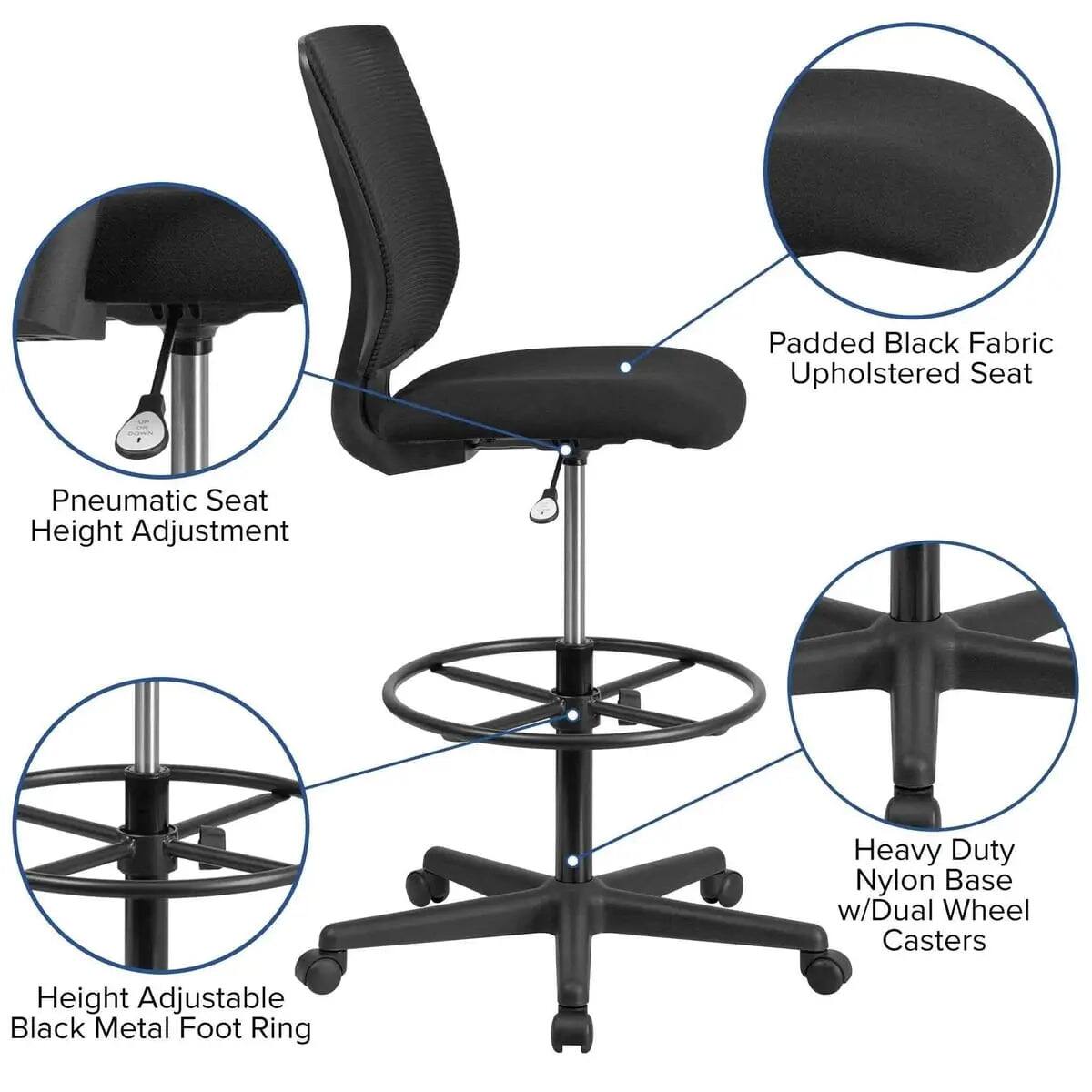 Padded Black Fabric Upholstered Seat  
Pneumatic Seat Height Adjustment  
Heavy Duty Nylon Base w/Dual Wheel Casters  
Height Adjustable Black Metal Foot Ring