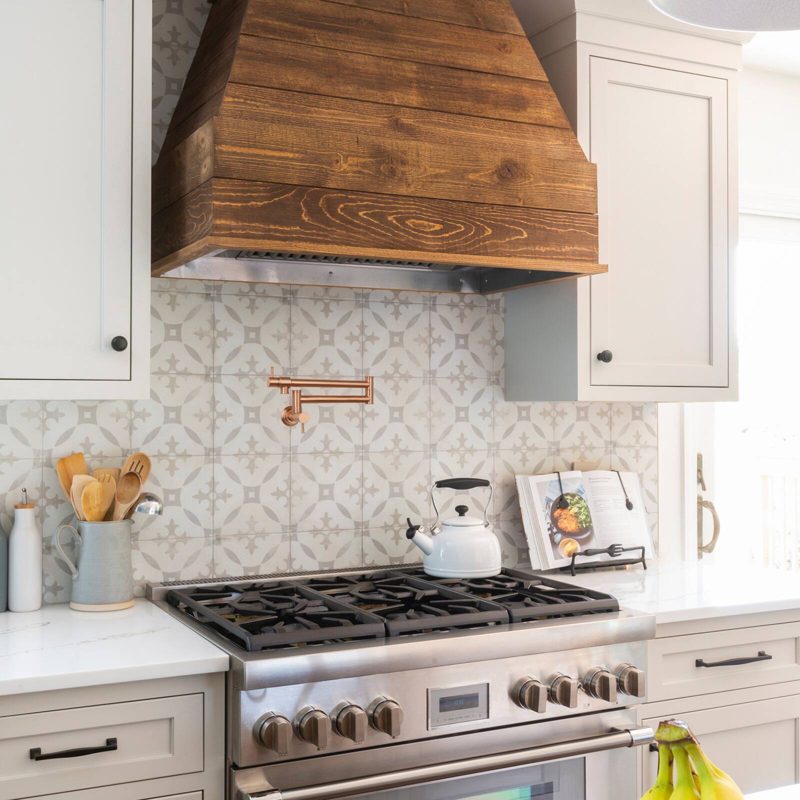 Alt View 4. Akicon - Akicon Solid Brass Wall-Mounted Pot Filler Kitchen Faucet with Double Joint Swing Arms for Stovetop in Copper - Copper.