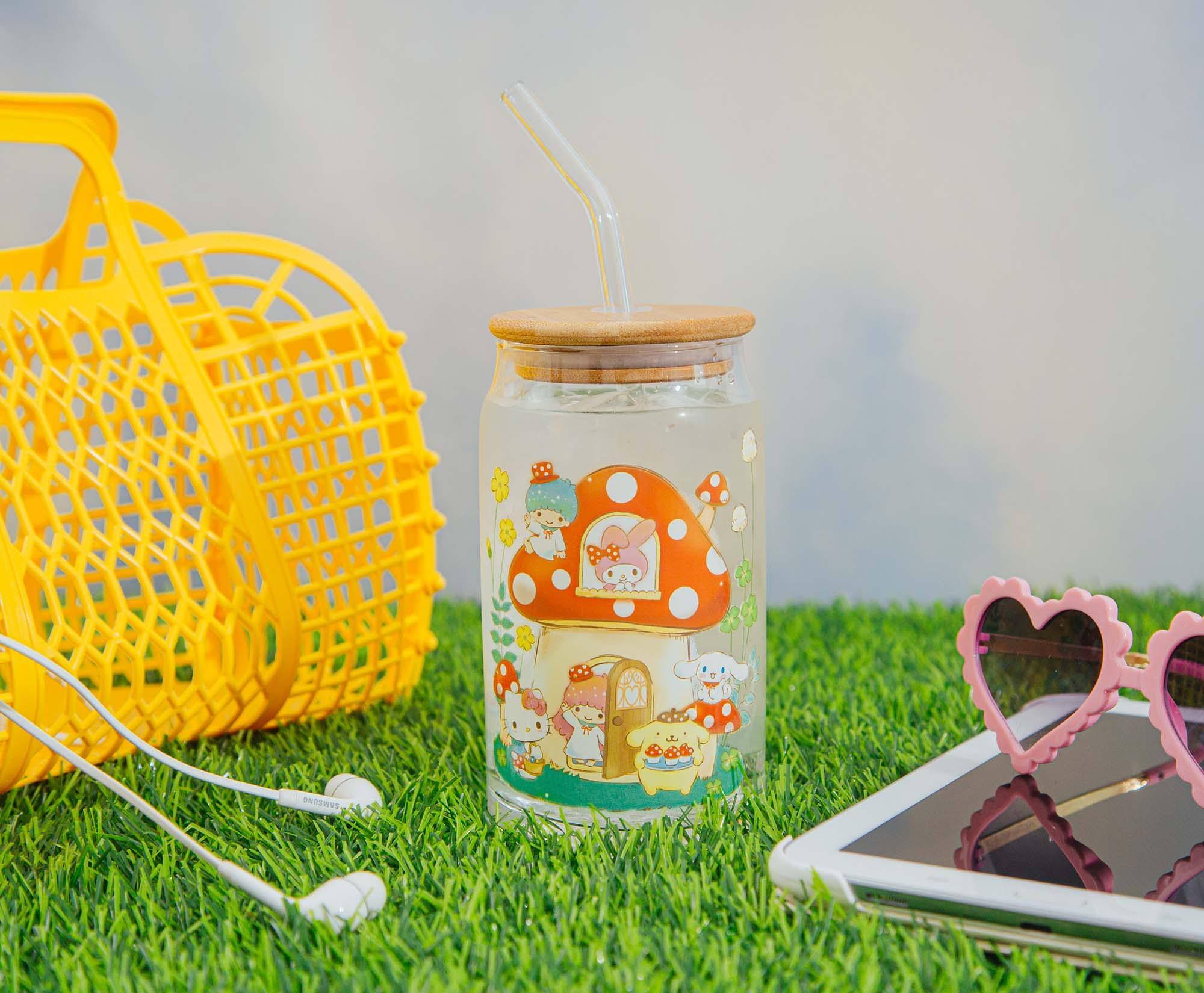 Alt View 4. Silver Buffalo - Sanrio Hello Kitty and Friends Mushroom Glass Tumbler With Bamboo Lid and Straw - Red.