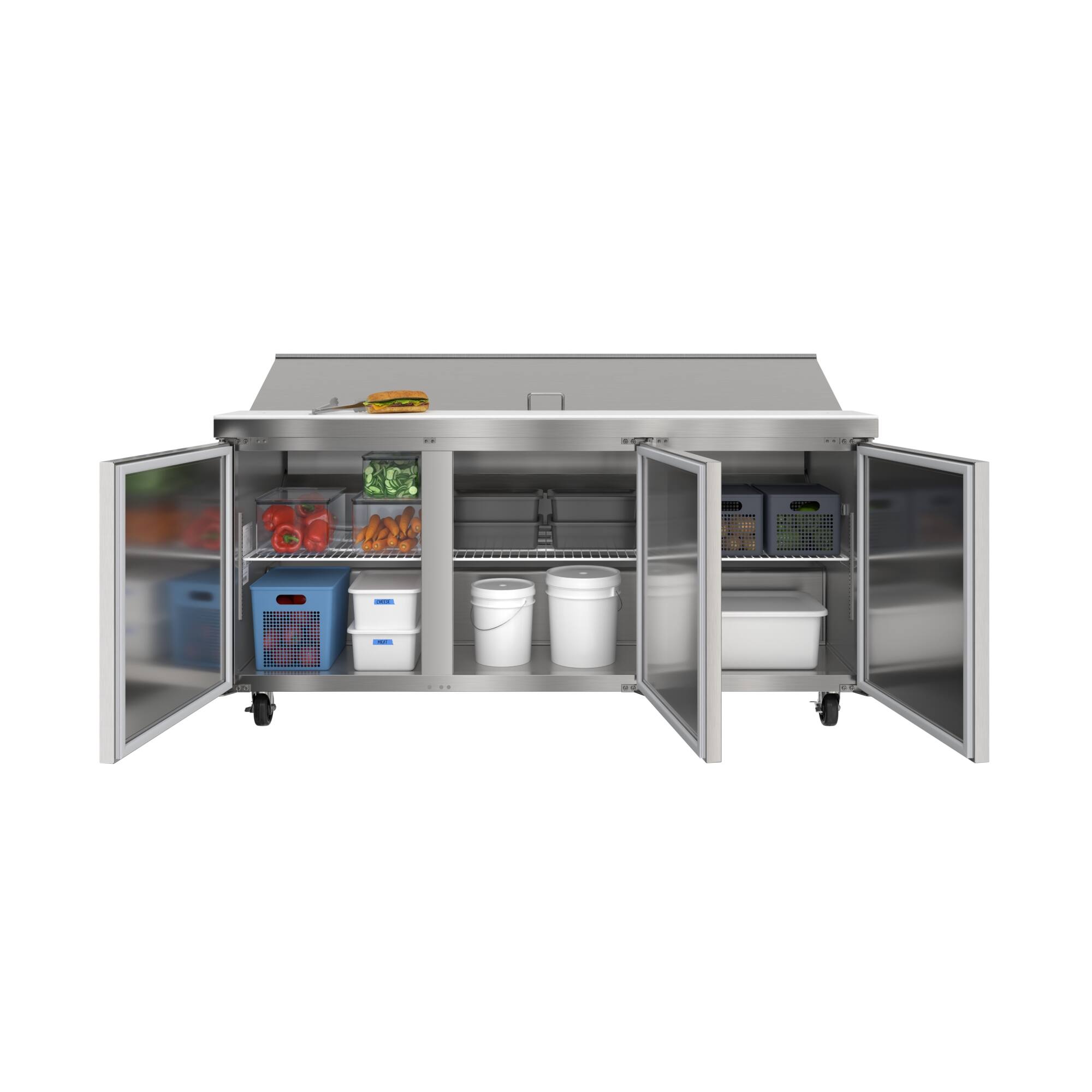 Angle. Koolmore - 70 in. Commercial 3-Door Refrigerated Salad and Sandwich Prep Table, 18 Pan Capacity and 22 Cu. Ft. of Storage - Stainless steel.