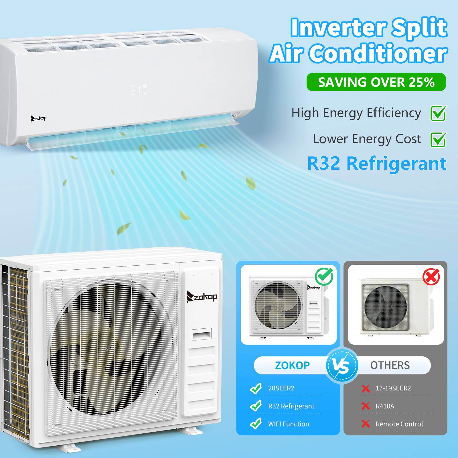 onhop 619 Inverter Split Air Conditioner  
SAVING OVER 25%  
High Energy Efficiency  
Lower Energy Cost  
R32 Refrigerant  

ZOKOP VS OTHERS  
20SEER2  
R32 Refrigerant  
WIFI Function  
Remote Control  

20SEER2  
R32 Refrigerant  
WIFI Function  

17-19SEER2  
R410A  
Remote Control