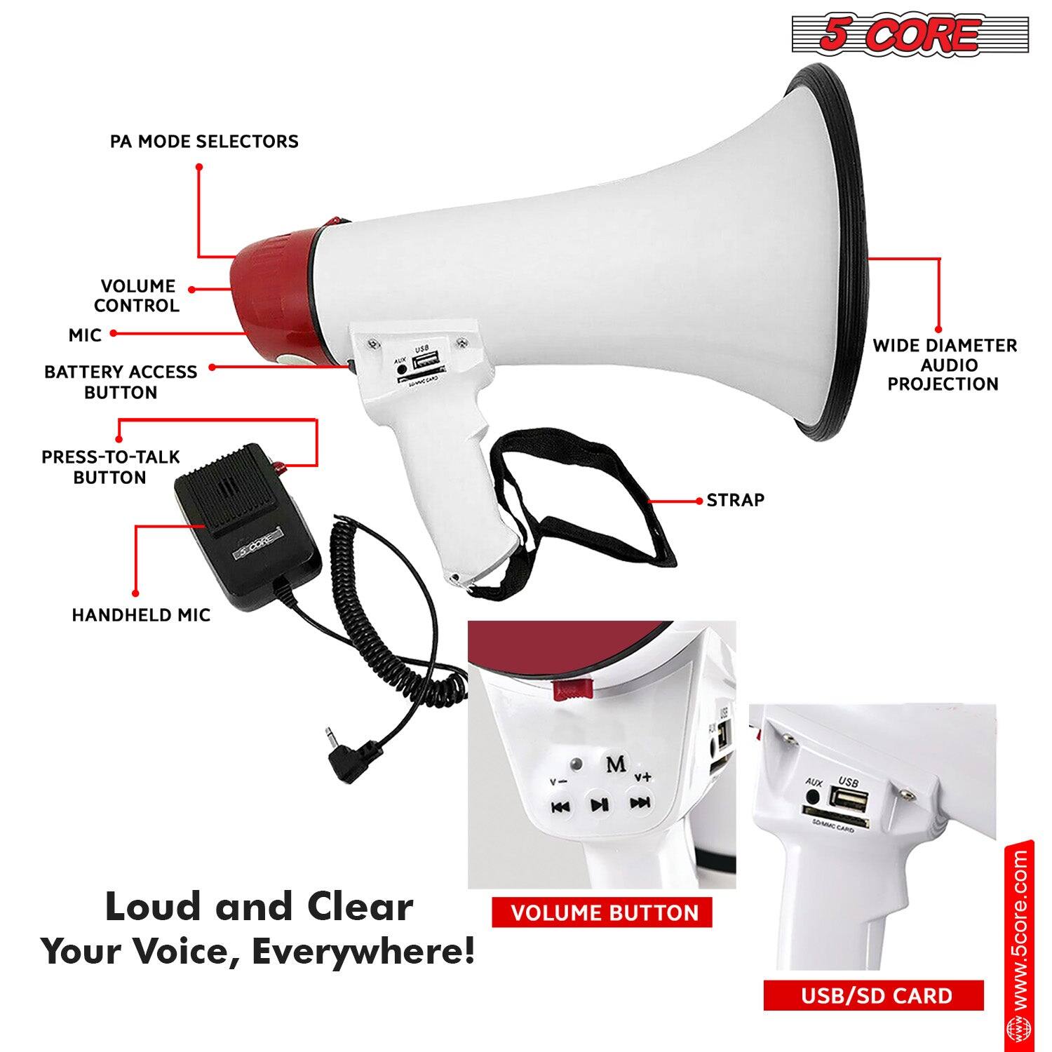 5 CORE PA MODE SELECTORS  
VOLUME CONTROL  
MIC  
BATTERY ACCESS BUTTON  
PRESS-TO-TALK BUTTON  
STRAP  
HANDHELD MIC  
WIDE DIAMETER AUDIO PROJECTION  
VOLUME BUTTON  
USB/SD CARD  
Loud and Clear  
Your Voice, Everywhere!  
www.5core.com