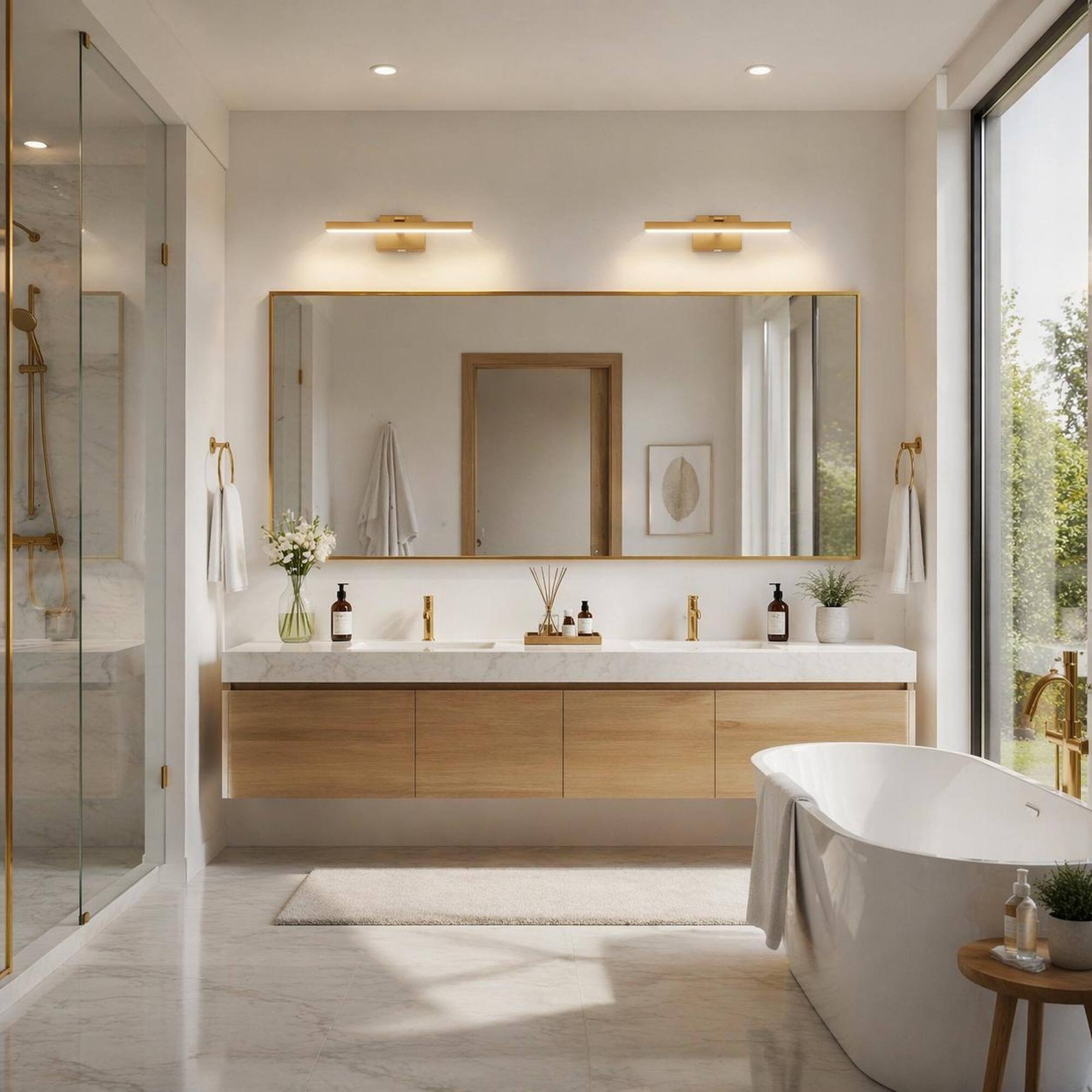 Alt View 2. RYHNUYNE - 16 Inch Gold LED Vanity Light for Bathroom Mirror – Modern Dimmable Wall Sconce with Remote, 3 Color Temperatures.