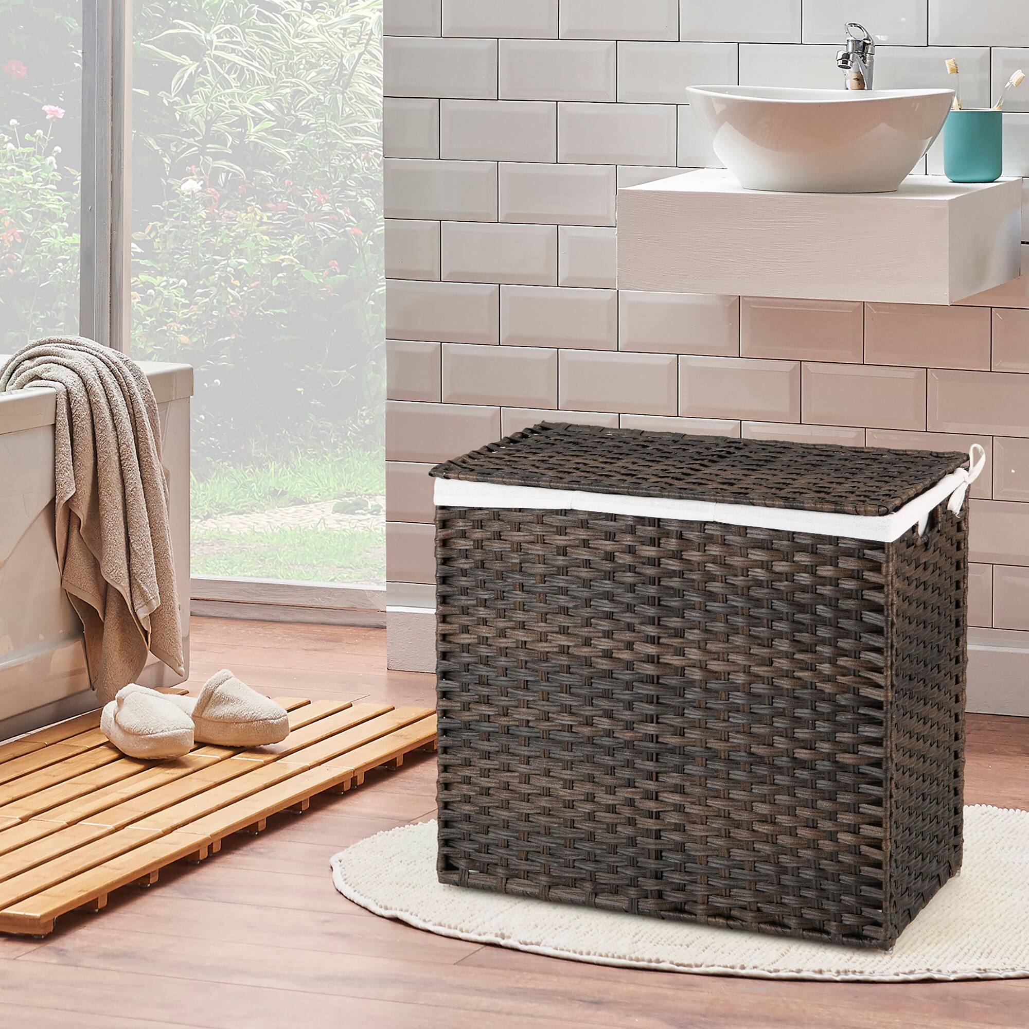 Alt View 12. Costway - 110L 3-Section Laundry Hamper w/Lid&Handle PE Rattan Clothes Hamper w/Liner Bag - Brown.