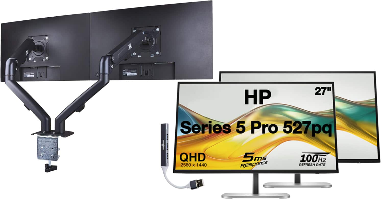 "HP - Series 5 Pro 527pq 27"" QHD IPS Monitor, Displayport, HDMI (9D9S0UT#ABA) 2 Pack w/DKZ Hub & ErgoFlexy Dual Mount Arms - Silver/Black" price history on PriceWatchPro