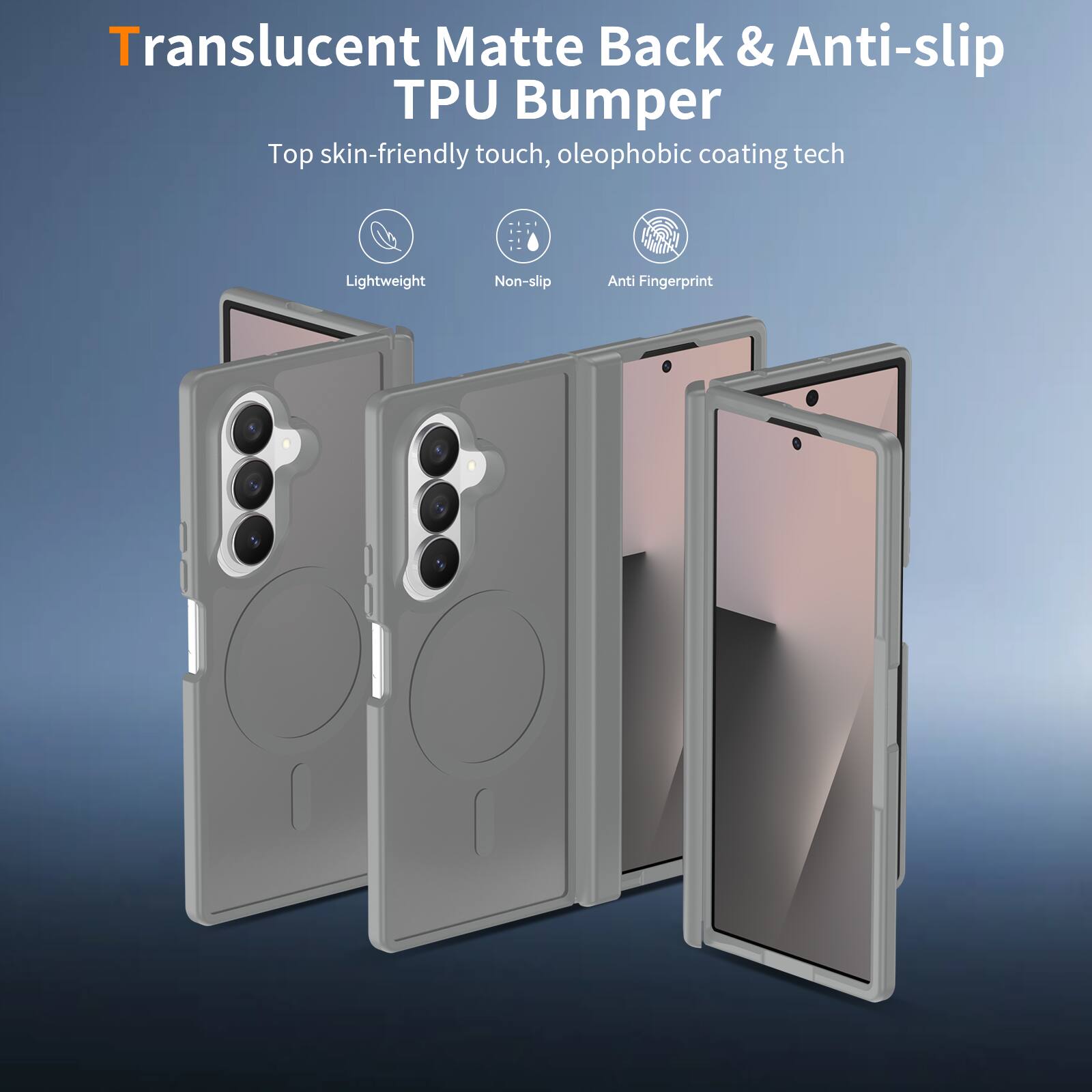 Translucent Matte Back & Anti-slip TPU Bumper  
Top skin-friendly touch, oleophobic coating tech  
Lightweight  
Non-slip  
Anti Fingerprint