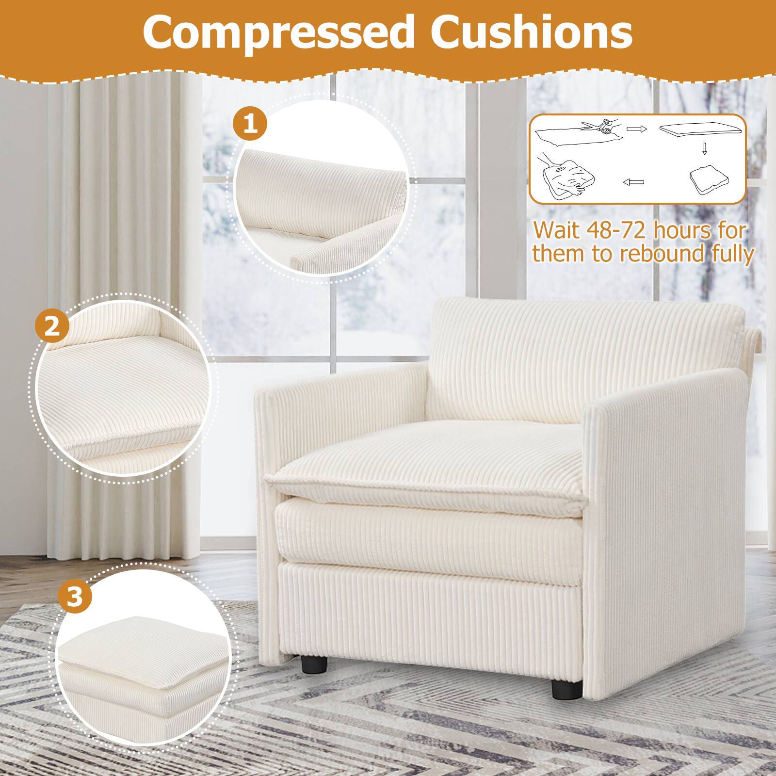 Compressed Cushions

1. Wait 48-72 hours for them to rebound fully

2. 

3.