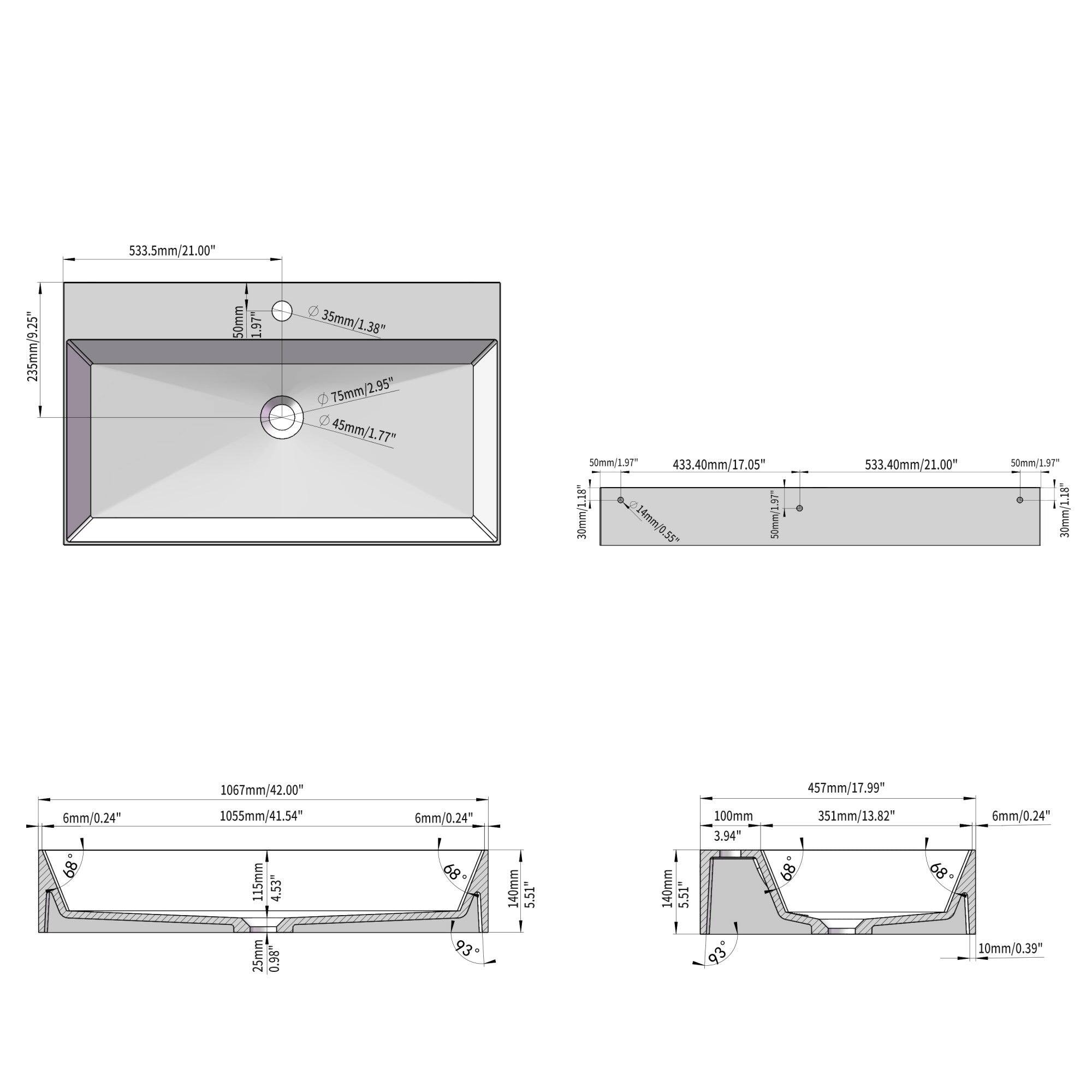 Sure, here is the corrected and grouped text from the image:

**Top Left Diagram:**
- 533.5mm/21.00"
- 235mm/9.25"
- 50mm 19T
- 35mm/1.38"
- 75mm/2.95"
- 45mm/1.77"
- 50mm/191
- 433.40mm/17.05"

**Top Right Diagram:**
- 50mm/1.97"
- 533.40mm/21.00"
- 30mm/1.18"
- 214mm/0.55"
- 50mm/1.97"
- 1067mm/42.00"
- 1055mm/41.54"
- 115mm 4.33
- 25mm 0.98
- 6mm/0.24"
- 68
- 93
- 1