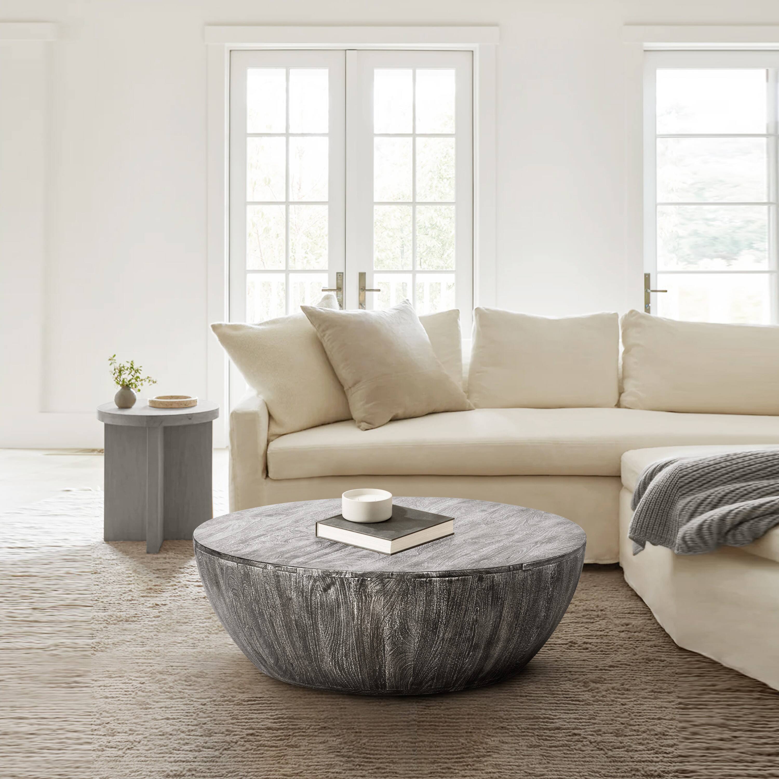 Alt View 5. Manhattan Lane - Arthur 36 Inch Farmhouse Style Handcrafted Mango Wood Coffee Table, Round Drum Shape - Sandblasted Black.