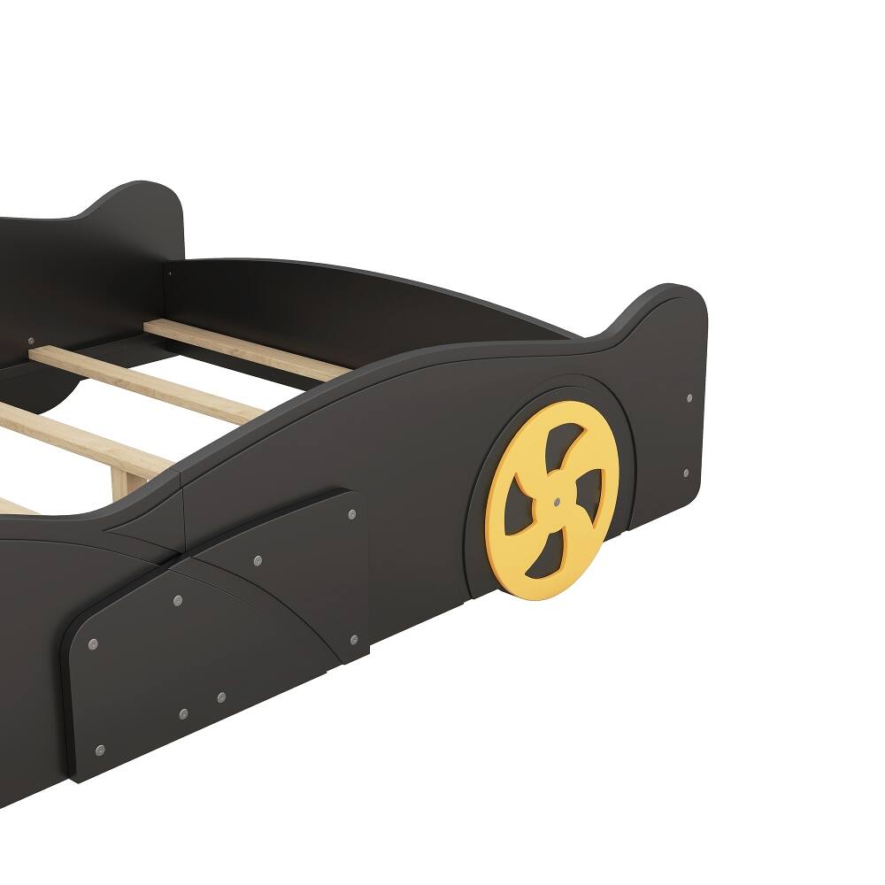 Alt View 7. Loheer - Loheer Full Size Race Car Bed with Storage, Black Yellow Car Shaped Platform Bed - Black+Yellow.