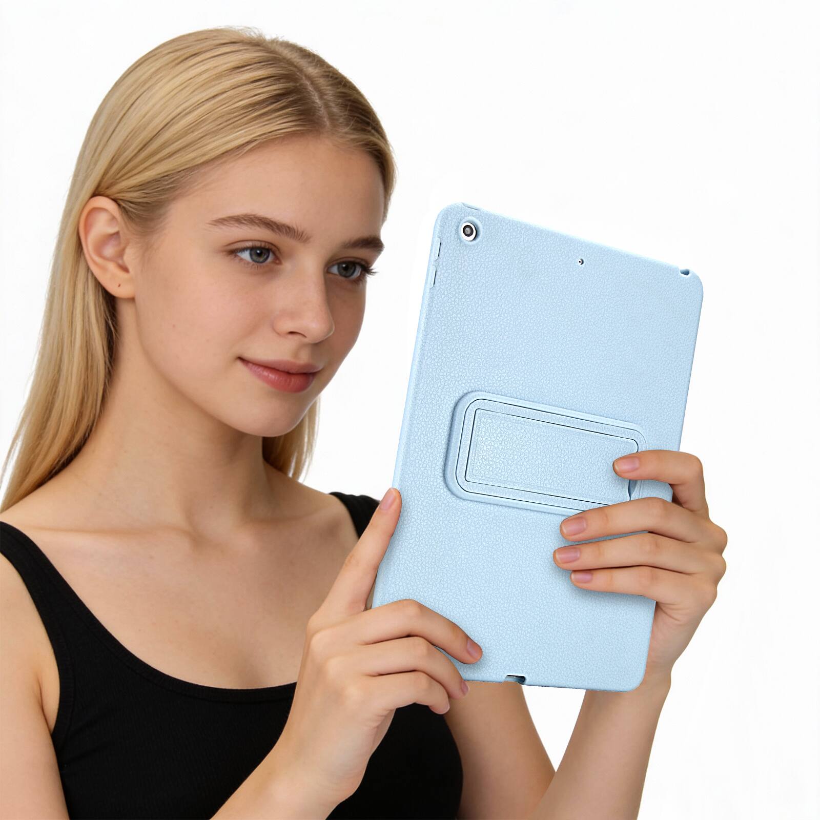 Alt View 3. Dteck - Shockproof Case for Apple iPad (9th Generation) 10.2" 2021, Slim Leather Texture Protective Cover with Folding Kickstand - Lightblue.