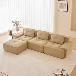 Anysun - 117" L-Shape Corduroy Sectional Sofa with Ottoman - 3-Seat Deep-Seat Couch, Pearl Piping, Tufted, No Assembly - Camel