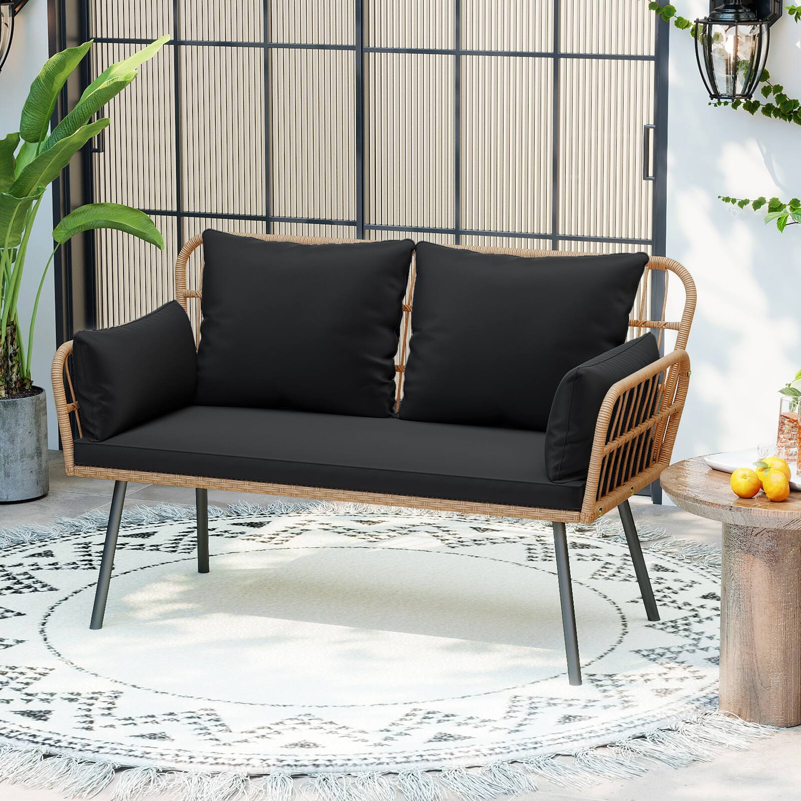 Alt View 3. Gymax - Gymax Patio Wicker Loveseat Furniture w/Seat Back Cushions Heavy-Duty Metal Legs Outdoor Black - Black.