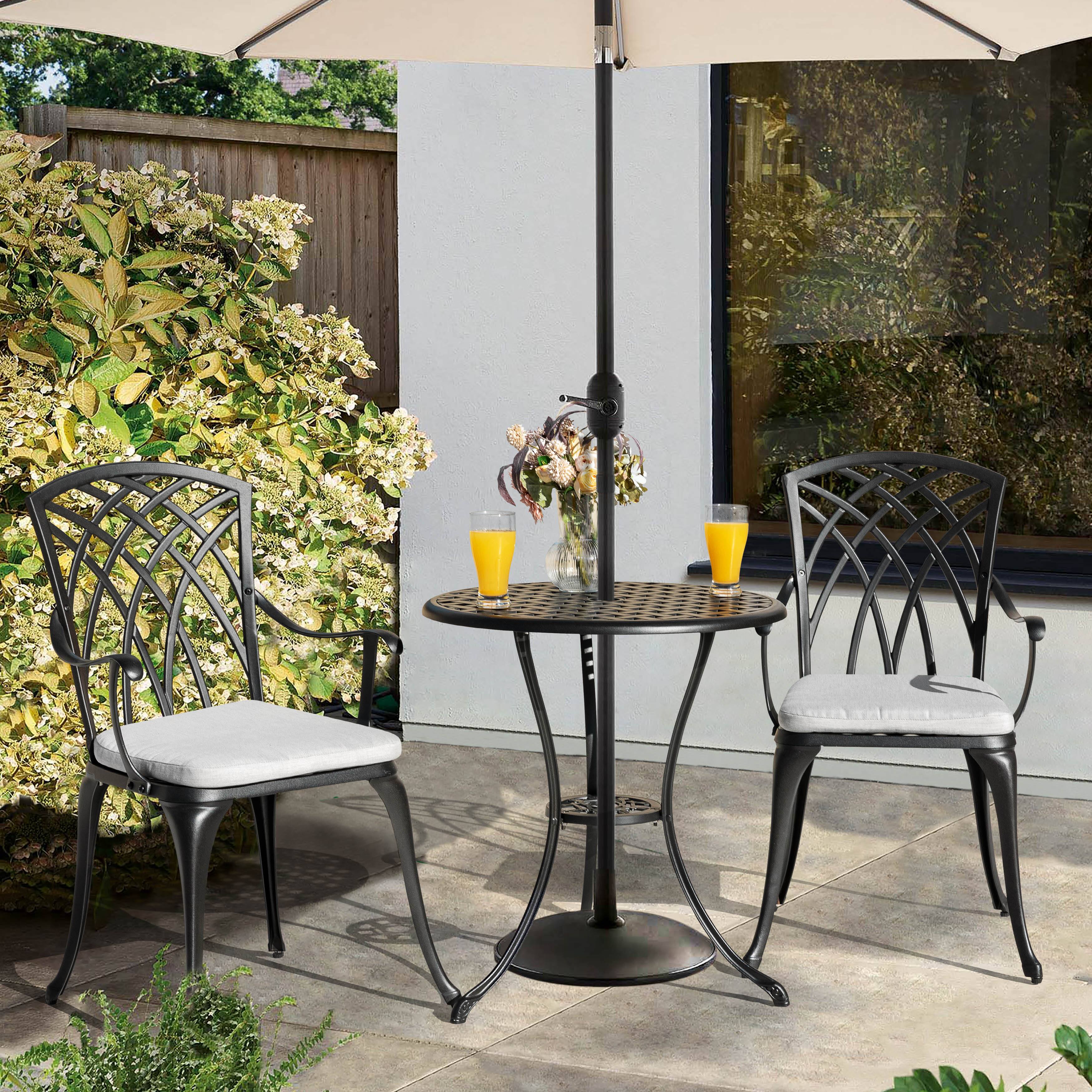 Back. Nuu Garden - 24 Inch Cast Aluminum Bistro Table with Umbrella Hole and 2 Bistro Chairs - Black and Gray.