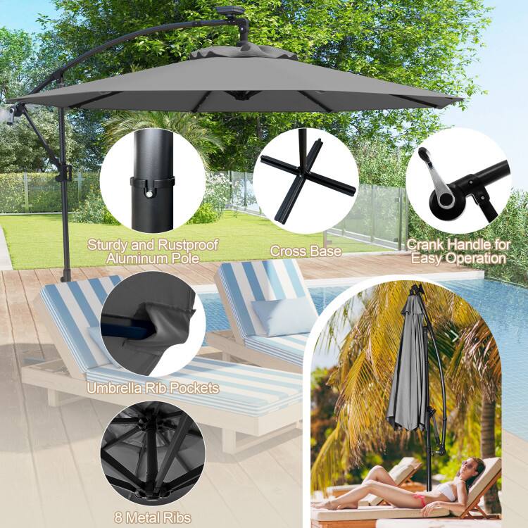 Sturdy and Rustproof Aluminum Pole, Cross Base, Crank Handle for Easy Operation, Umbrella Rib Pockets, 8 Metal Ribs