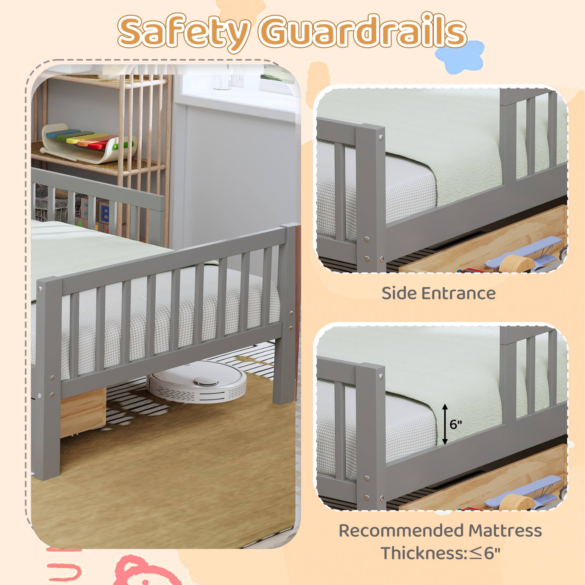 Safety Guardrails

Side Entrance

Recommended Mattress Thickness: ≤6"