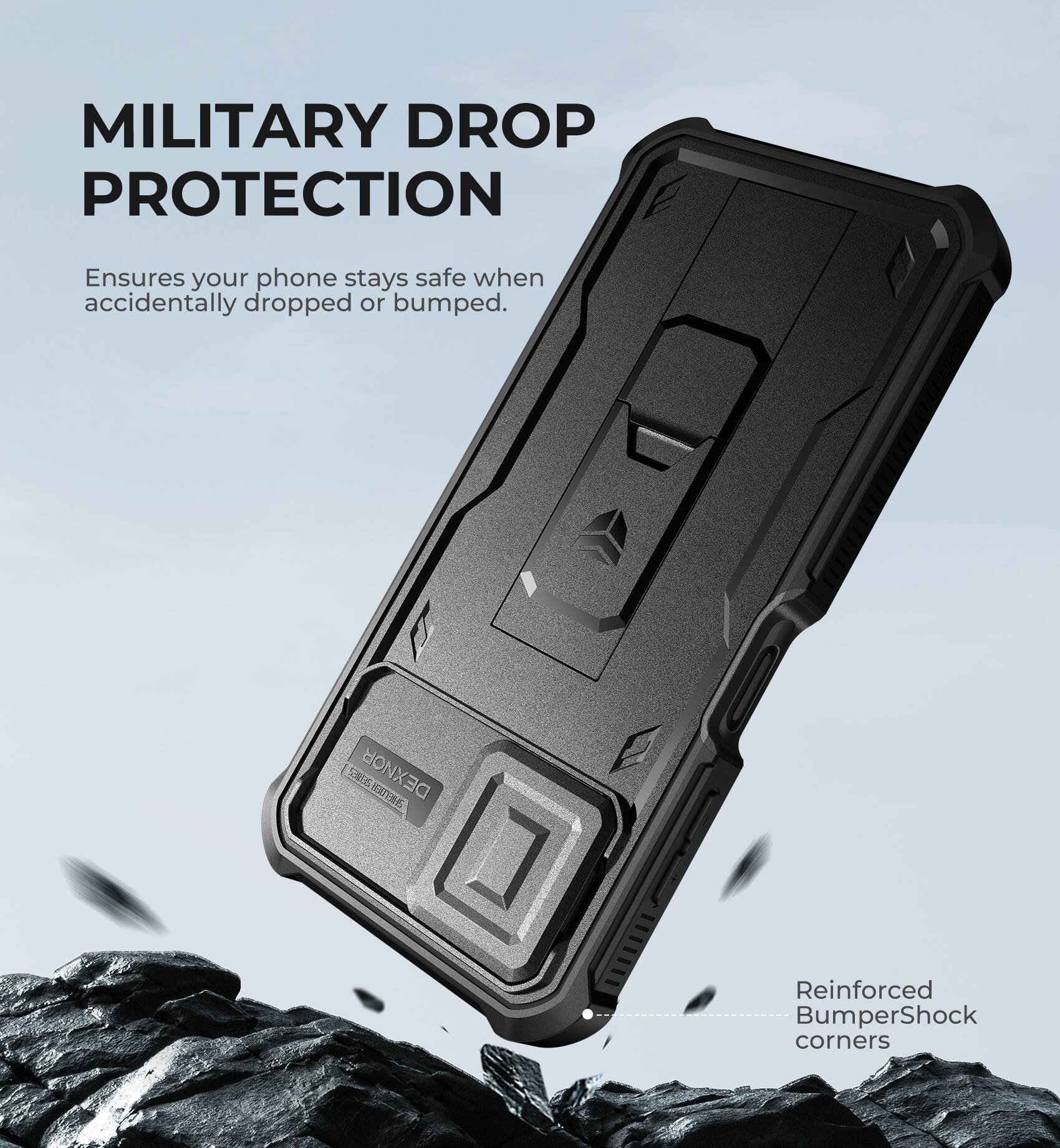 MILITARY DROP PROTECTION  
Ensures your phone stays safe when accidentally dropped or bumped.  

Reinforced BumperShock corners