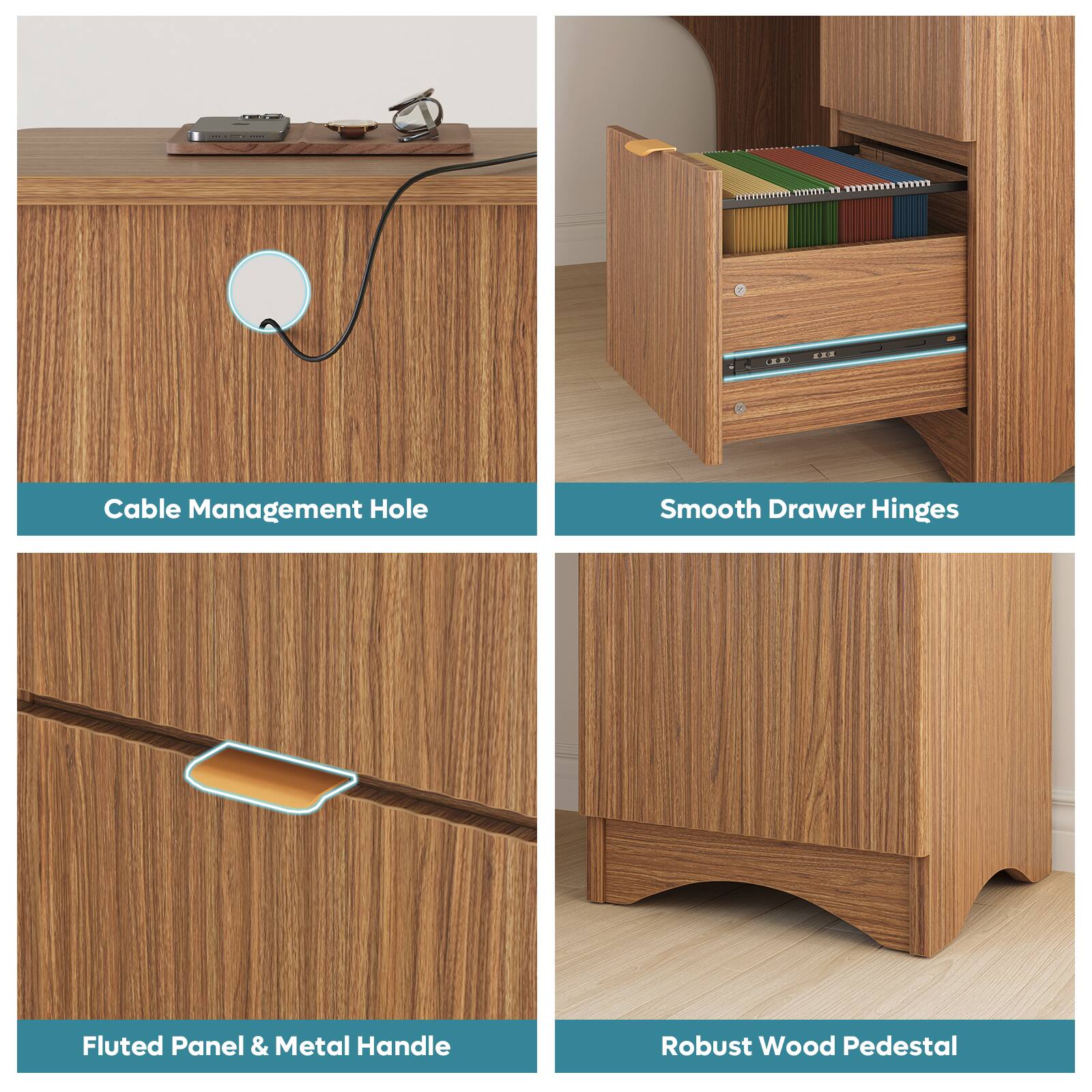 - Cable Management Hole
- Smooth Drawer Hinges
- Fluted Panel & Metal Handle
- Robust Wood Pedestal