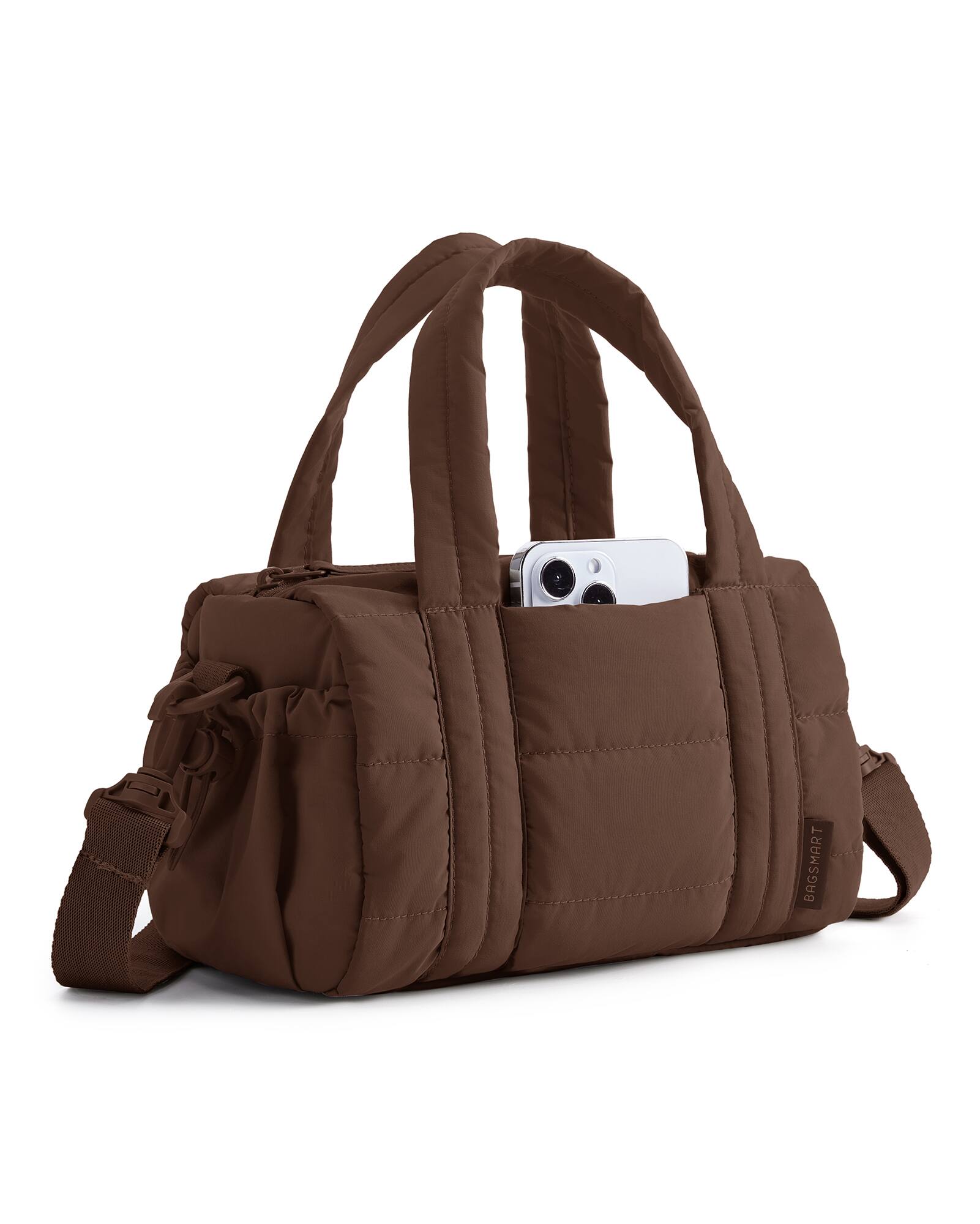 Front. Bagsmart - Mini Quilted Crossbody Gym Bag, Lightweight Small Duffle Purse with Detachable Shoulder Strap for Women - Coffee Brown.