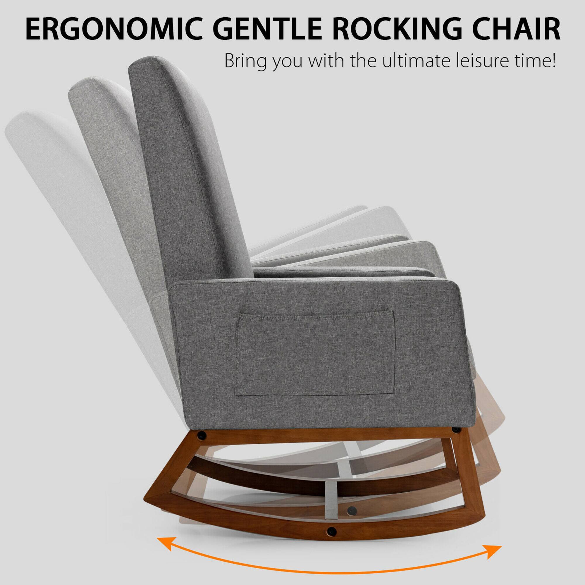 Gymax - Rocking Chair High Back Upholstered Lounge Armchair w/ Side Pocket Grey - Gray - Thumbnail 5