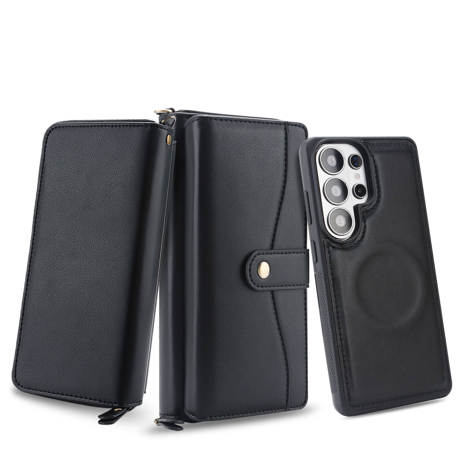 Front. Dteck - RFID Leather Wallet Phone Case for Samsung Galaxy S26 Ultra, Magnetic Detachable Card Holder Cover with Wrist Strap - Black.