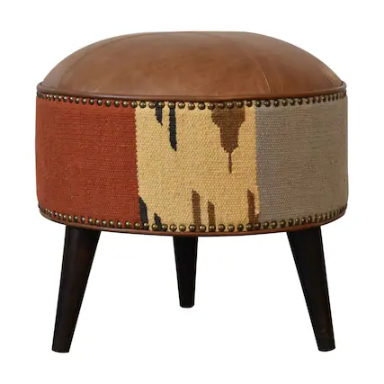 Front. Artisan Furniture - Artisan Furniture Solid Wood Durrie & Leather Mixed Footstool - Brown.