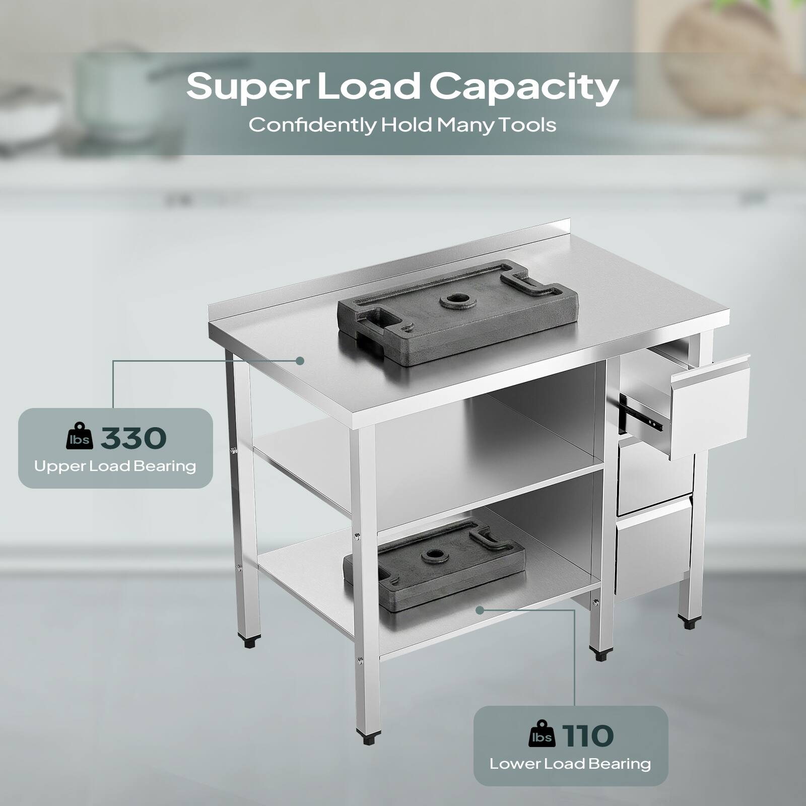 Super Load Capacity  
Confidently Hold Many Tools  

Upper Load Bearing: 330 lbs  
Lower Load Bearing: 110 lbs