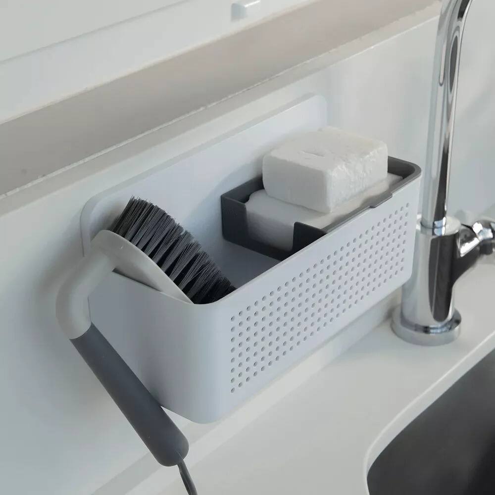 Back. OU - Hanging Sink Organizer, Self‑Adhesive Caddy with Removable Sponge Tray for Kitchen Storage - White.
