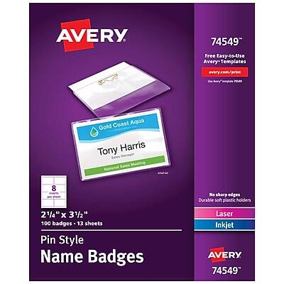 Avery - Pin Style Laser/Inkjet Name Badge Kit, 2 1/4" x 3 1/2", Clear Holders with With Inserts, 100/Box (74549) - Clear with White Inserts
