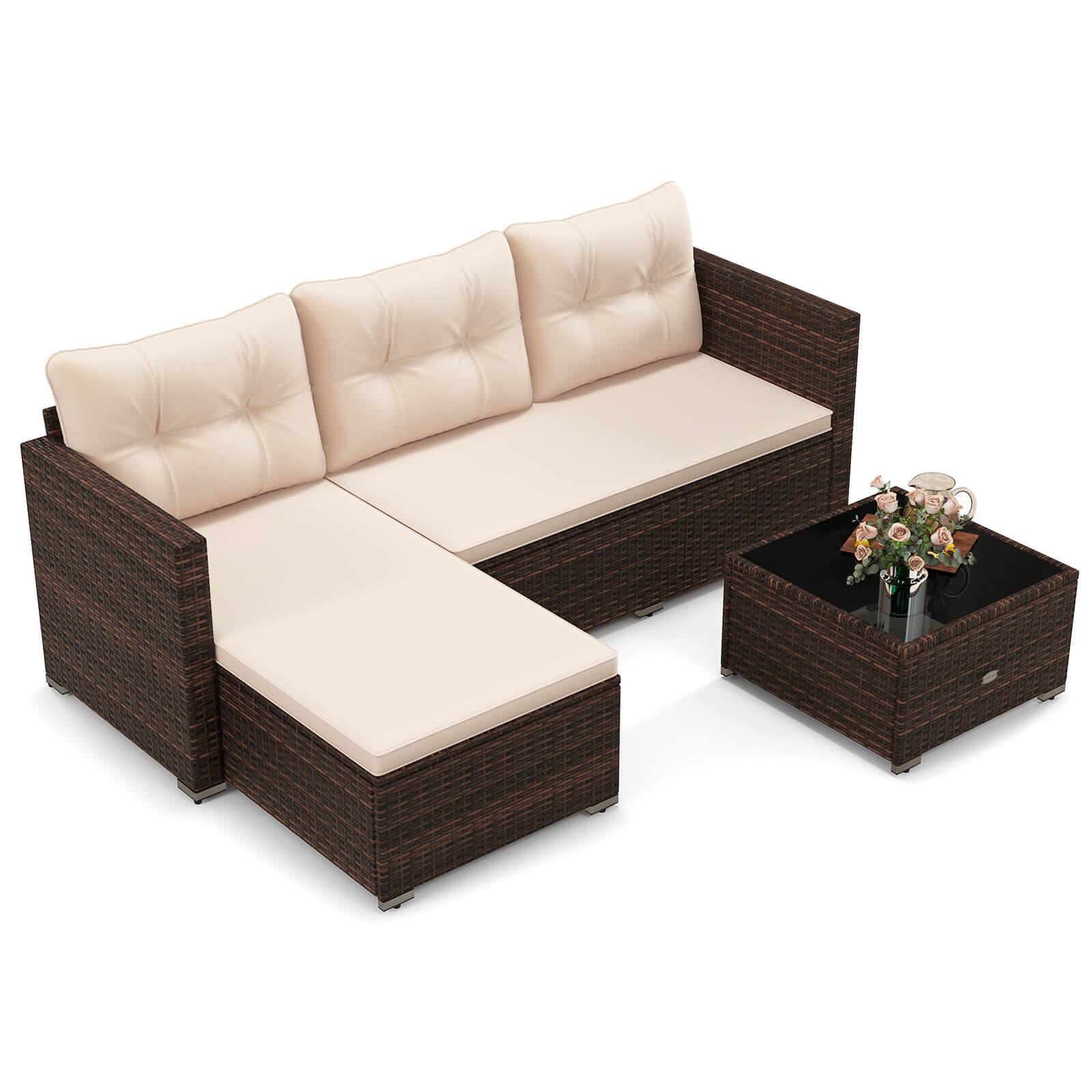 Costway - 4 Seats Outdoor Wicker Furniture Set with Tempered Glass Coffee Table & Soft Cushions - Brown price history on PriceWatchPro