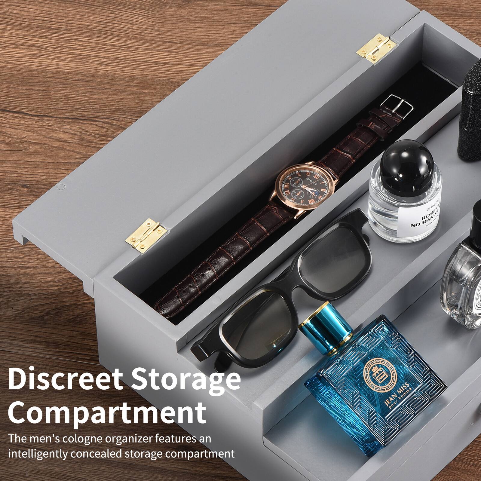 Discreet Storage Compartment

The men's cologne organizer features an intelligently concealed storage compartment