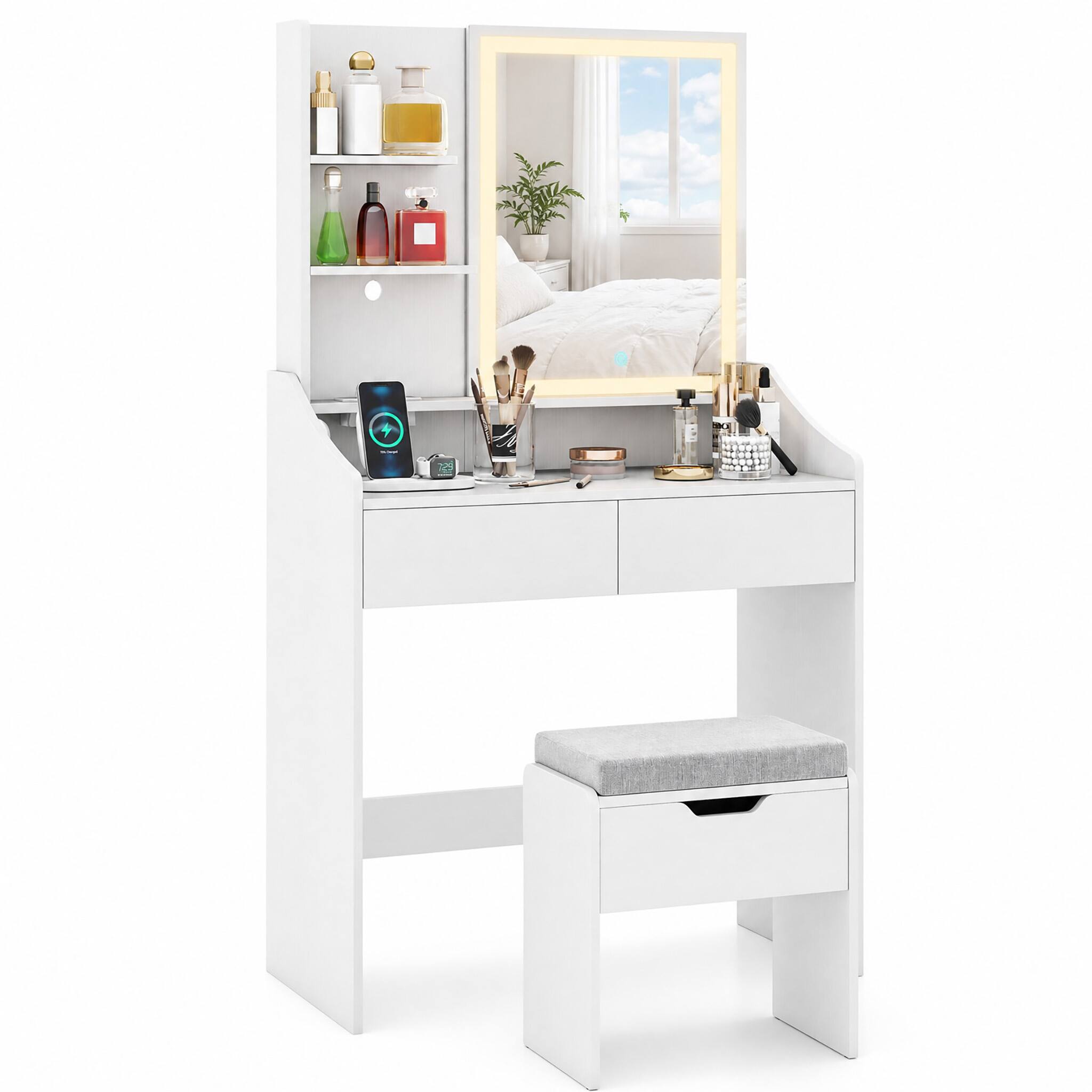 Alt View 5. WELLFOR - Modern Makeup Vanity Desk with LED Lighted Mirror & Charging Station, Vanity Desk Set with Storage Stool & Drawers - White.