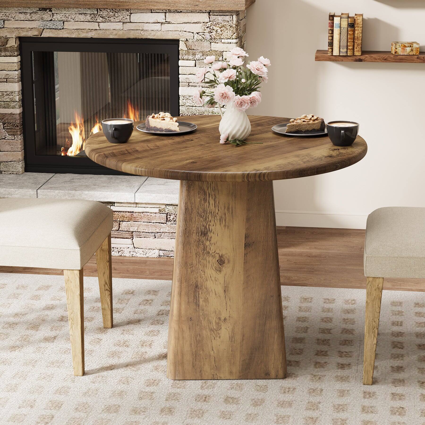 Alt View 2. Tribesigns - Farmhouse Round Dining Table with Engineered Wood Construction for Dining Room, Kitchen and Living Room - Brown.