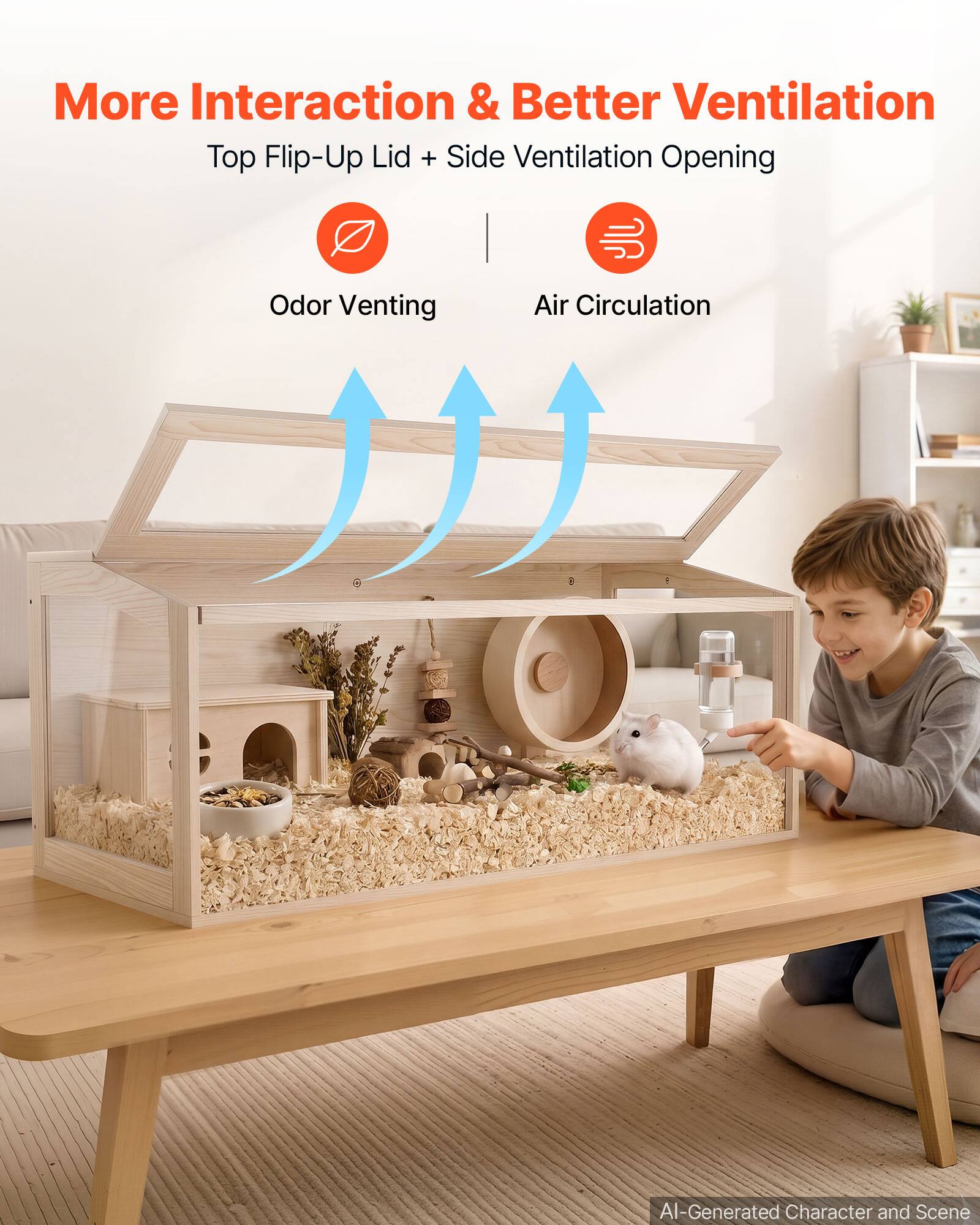 More Interaction & Better Ventilation  
Top Flip-Up Lid + Side Ventilation Opening  
Odor Venting  
Air Circulation  
AI-Generated Character and Scene