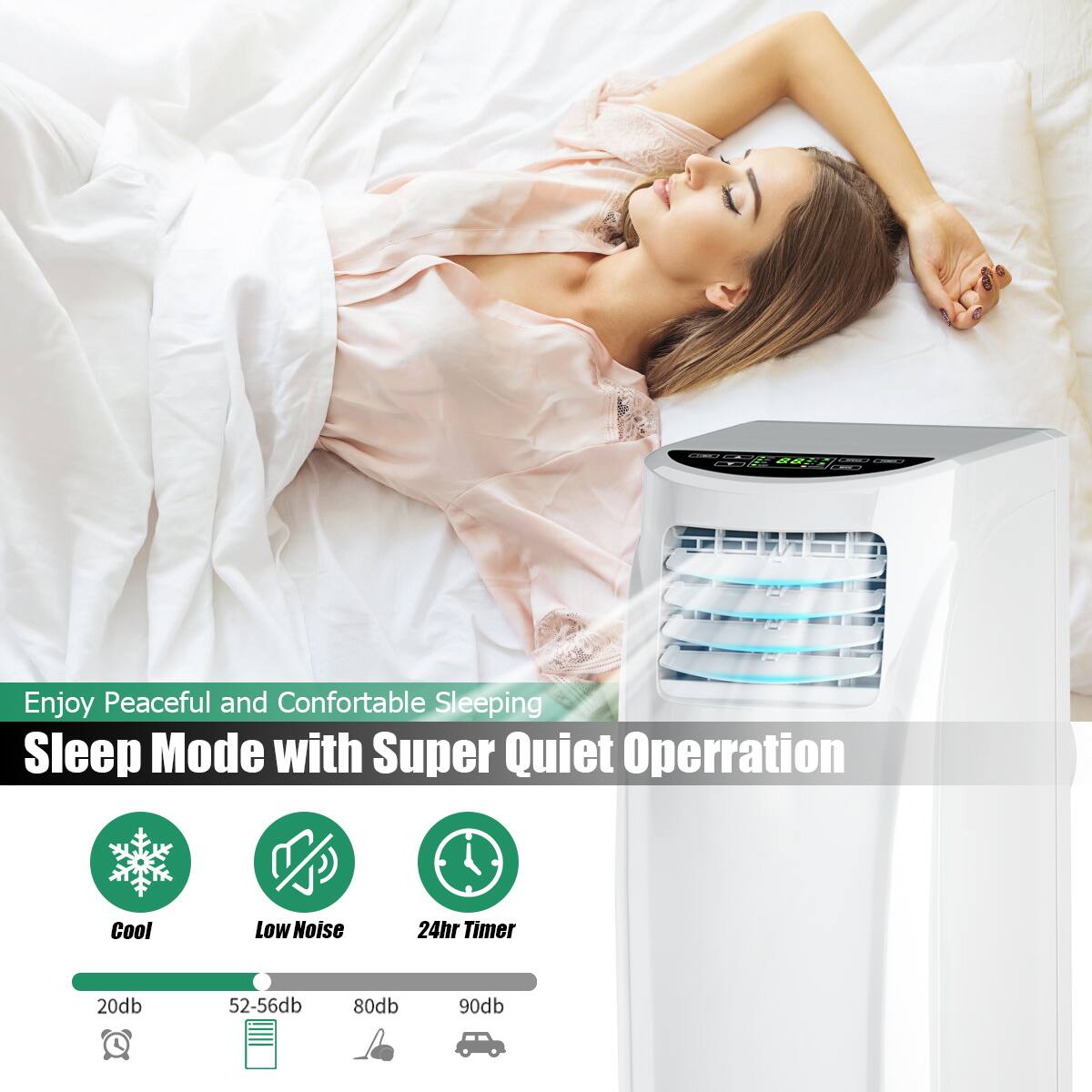 Enjoy peaceful and comfortable sleeping with our sleep mode that features a super quiet operation. The cool, low noise setting ensures that you can sleep undisturbed. The 24-hour timer allows you to set the duration of your sleep, and the 20db to 90db noise levels ensure that you can find the perfect volume for your sleeping preferences.