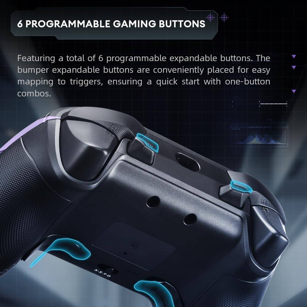 6 PROGRAMMABLE GAMING BUTTONS

Featuring a total of 6 programmable expandable buttons. The bumper expandable buttons are conveniently placed for easy mapping to triggers, ensuring a quick start with one-button combos.