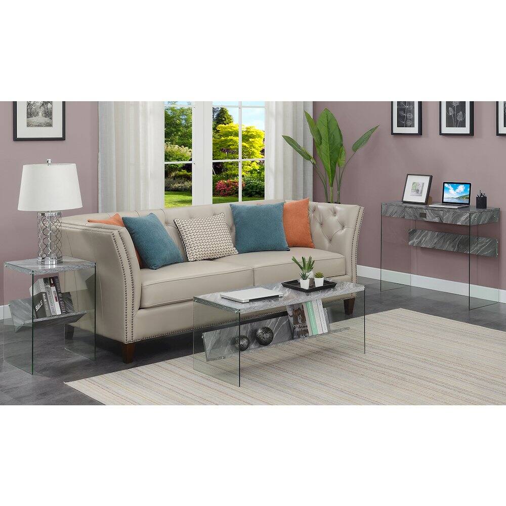 Back. Convenience Concepts - SoHo Glass Coffee Table with Shelf - Gray Faux Marble/Glass.