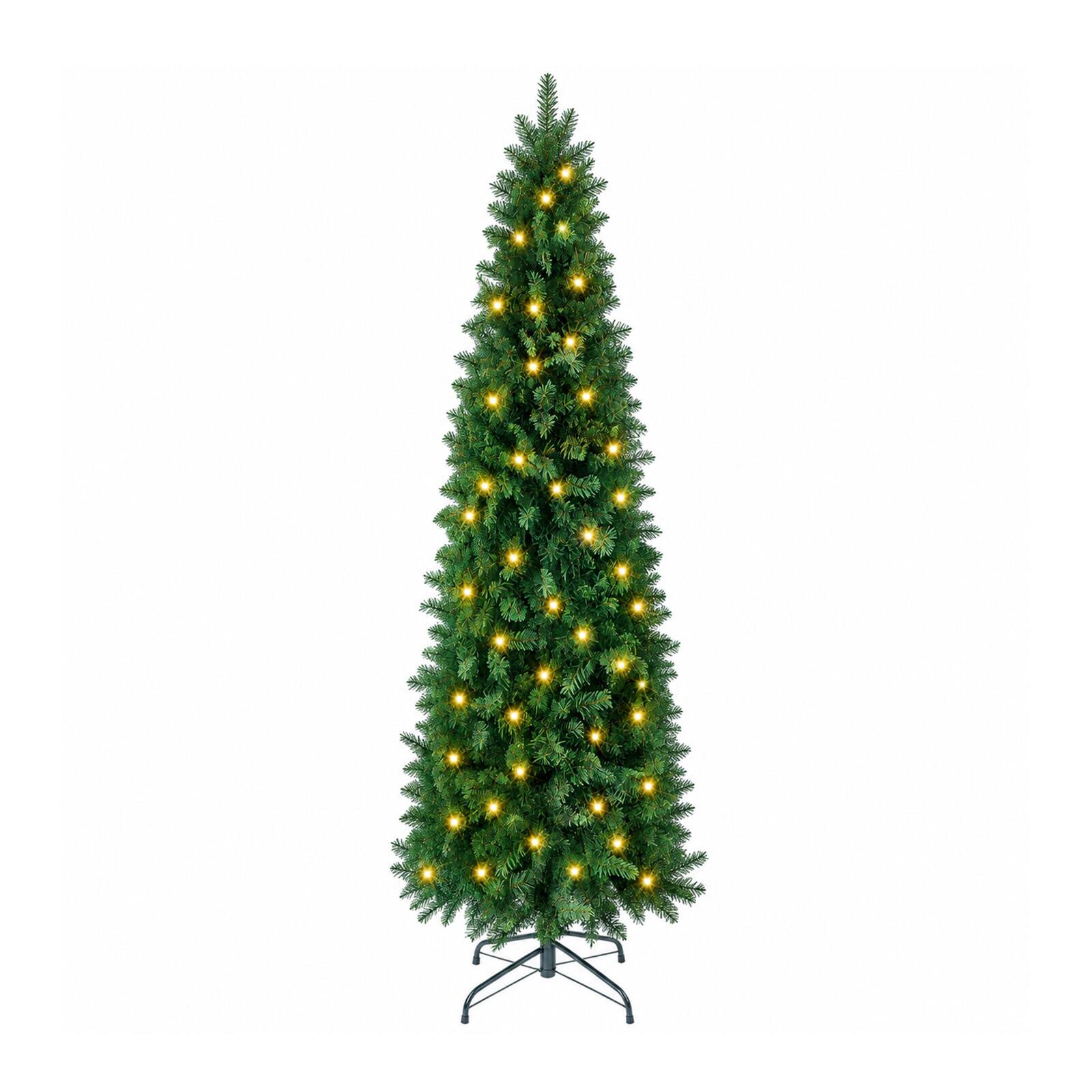 Front. Sweetcrispy - Pre-lit Slim Artificial Christmas Tree with LED Lights 8 Light Modes - Green.
