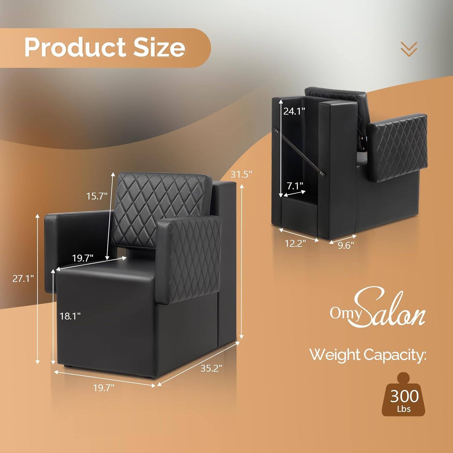 Product Size: 24.1" x 15.7" x 31.5" x 7.1" x 27.1" x 19.7" x 18.1" x 35.2" x 12.2" x 9.6"

Omy Salon Weight Capacity: 300 Lbs