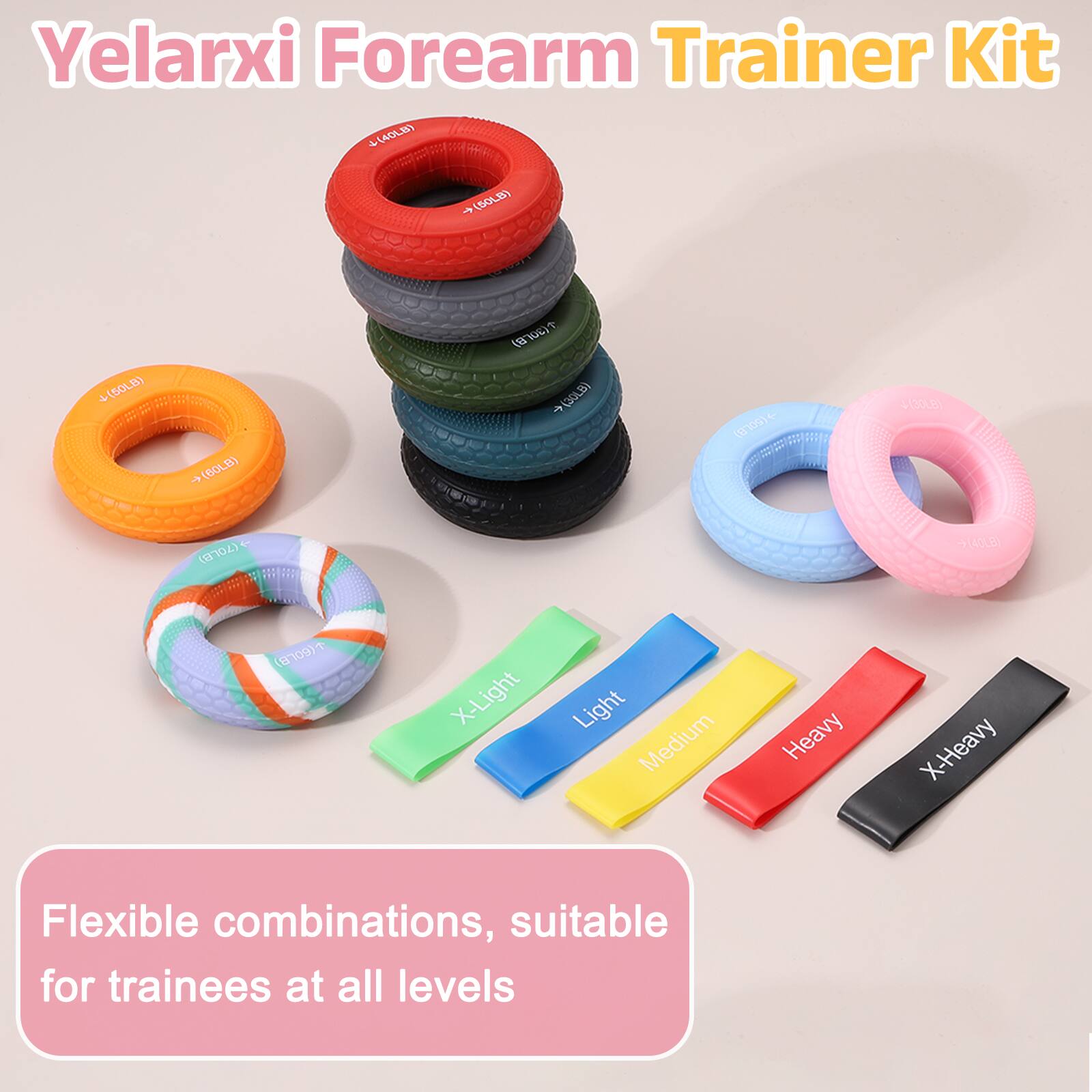 Yelarxi Forearm Trainer Kit

- 4(40LB) + (60) 7 18 (1 7 (30LB) 0) F
- VISOLD (8102) -(40LB) (109)

X-Light Light Medium Heavy X-Heavy

Flexible combinations, suitable for trainees at all levels