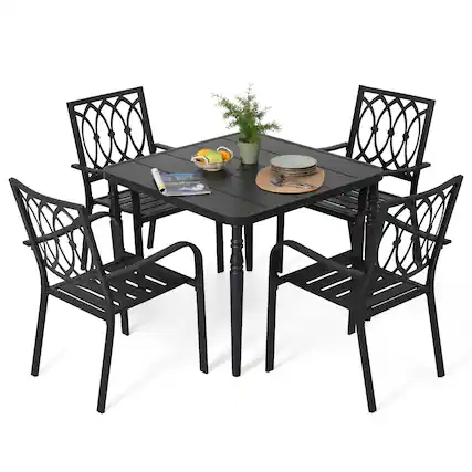 Front. Nuu Garden - 5-Piece Metal Patio Dining Set with Umbrella Hole and 4 Stackable Chairs - Black.