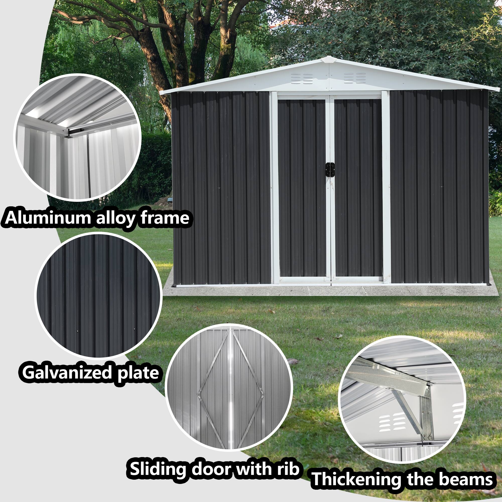 Back. TinyHomie - 8 x 6 FT Apex Roof Dark Grey Aluminum Alloy Frame Garden Shed With Sliding Door.