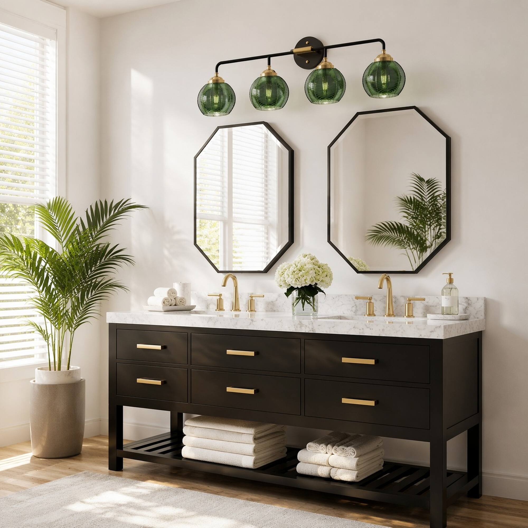 Left. RYHNUYNE - 4-Light Black and Gold Vanity Light with Clear Glass Shades for Bathroom, Bedroom, Kitchen, and Dining Room.