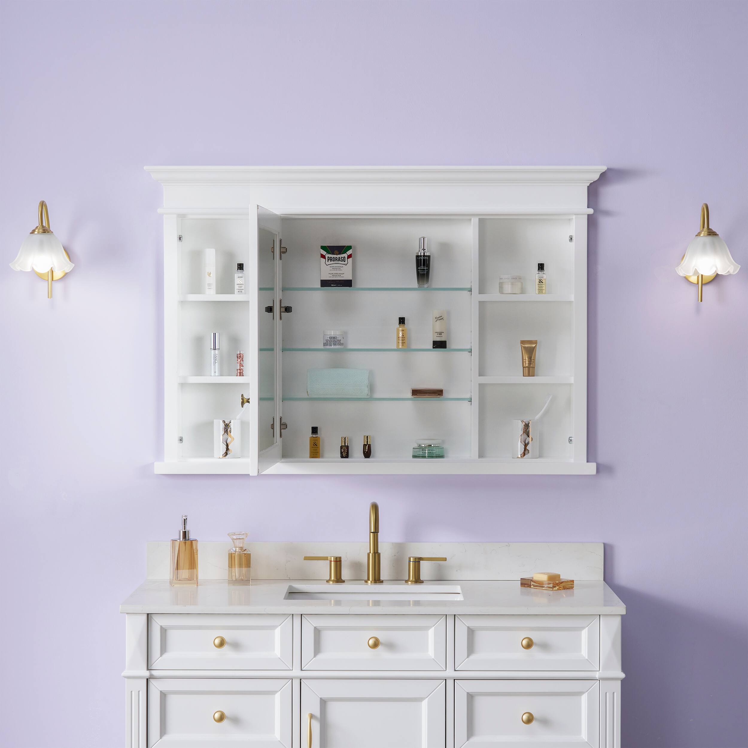 Angle. WELLFOR - 48-Inch W x 32-Inch H Recessed Solid Rubberwood Medicine Cabinet with Single Mirrored Door - White.