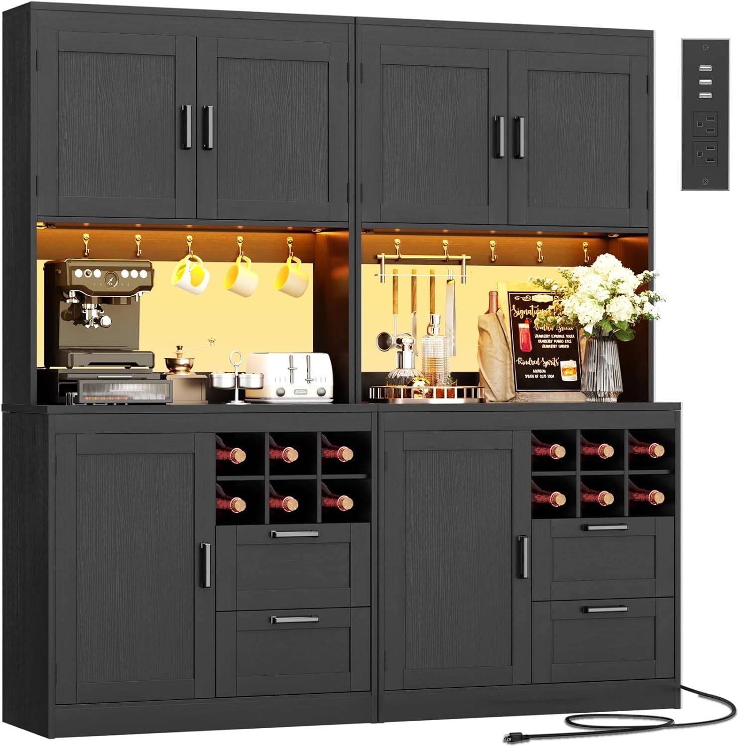 Front. Aheaplus - 72'' Tall Pantry Cabinet with 2 Drawers & Grid Wine Rack, Storage Cabinet with Power Outlets & LED Lights, 2 Piece Set - Black.