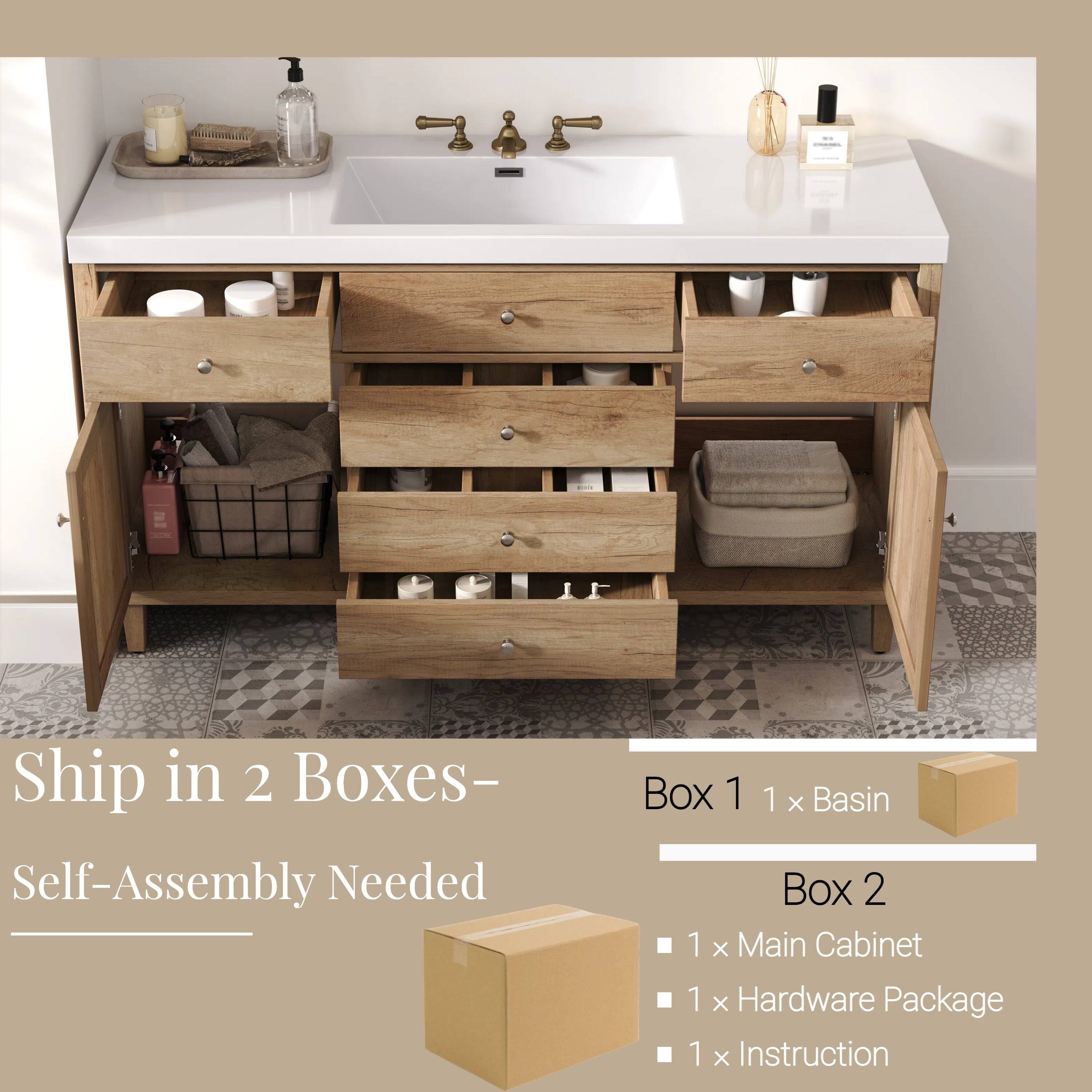 Ship in 2 Boxes-  
Self-Assembly Needed  

Box 1  
1 x Basin  

Box 2  
1 x Main Cabinet  
1 x Hardware Package  
1 x Instruction